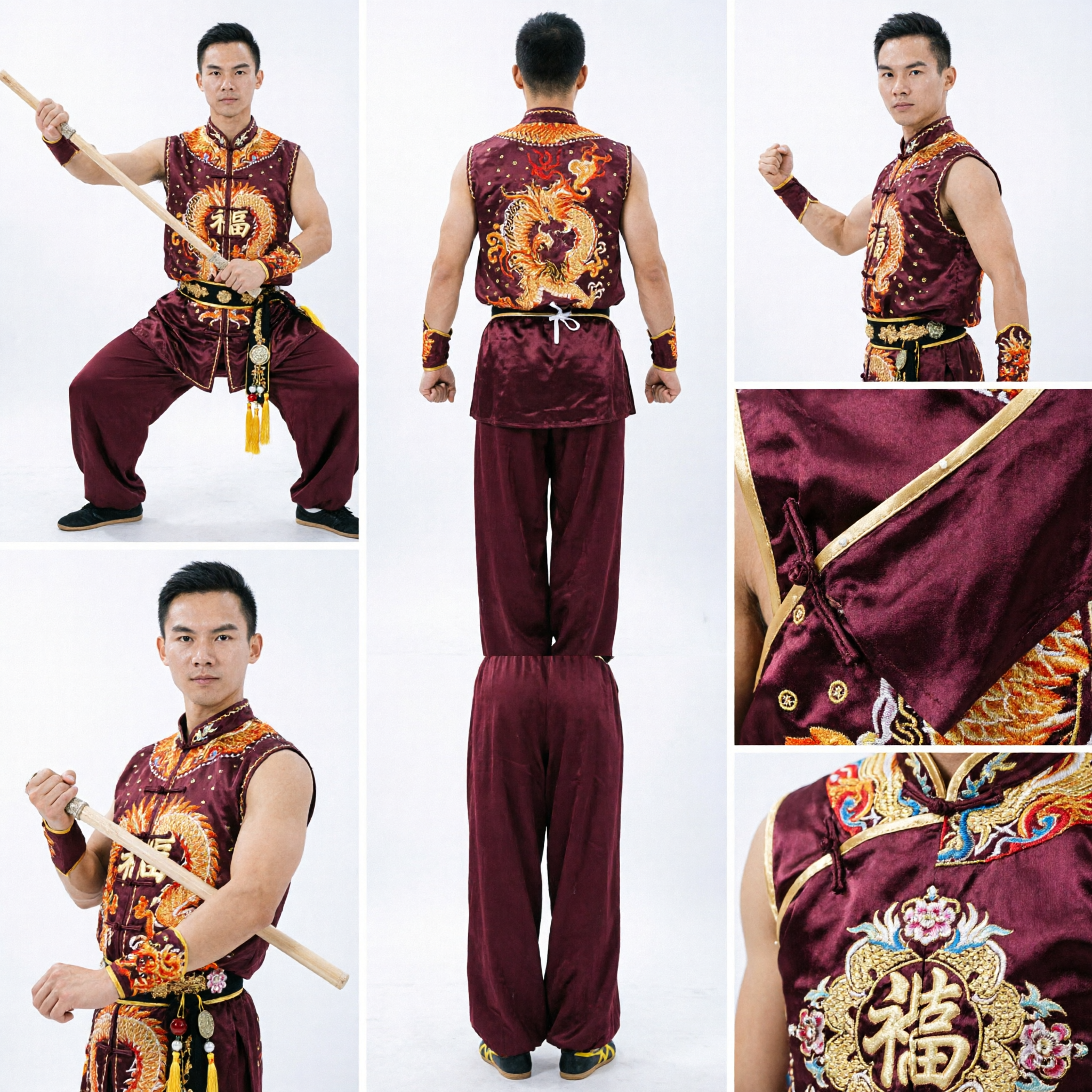 Men's Traditional Wushu Competition Uniform Sleeveless Maroon Dragon Embroidery Kung Fu Martial Arts Costume Set