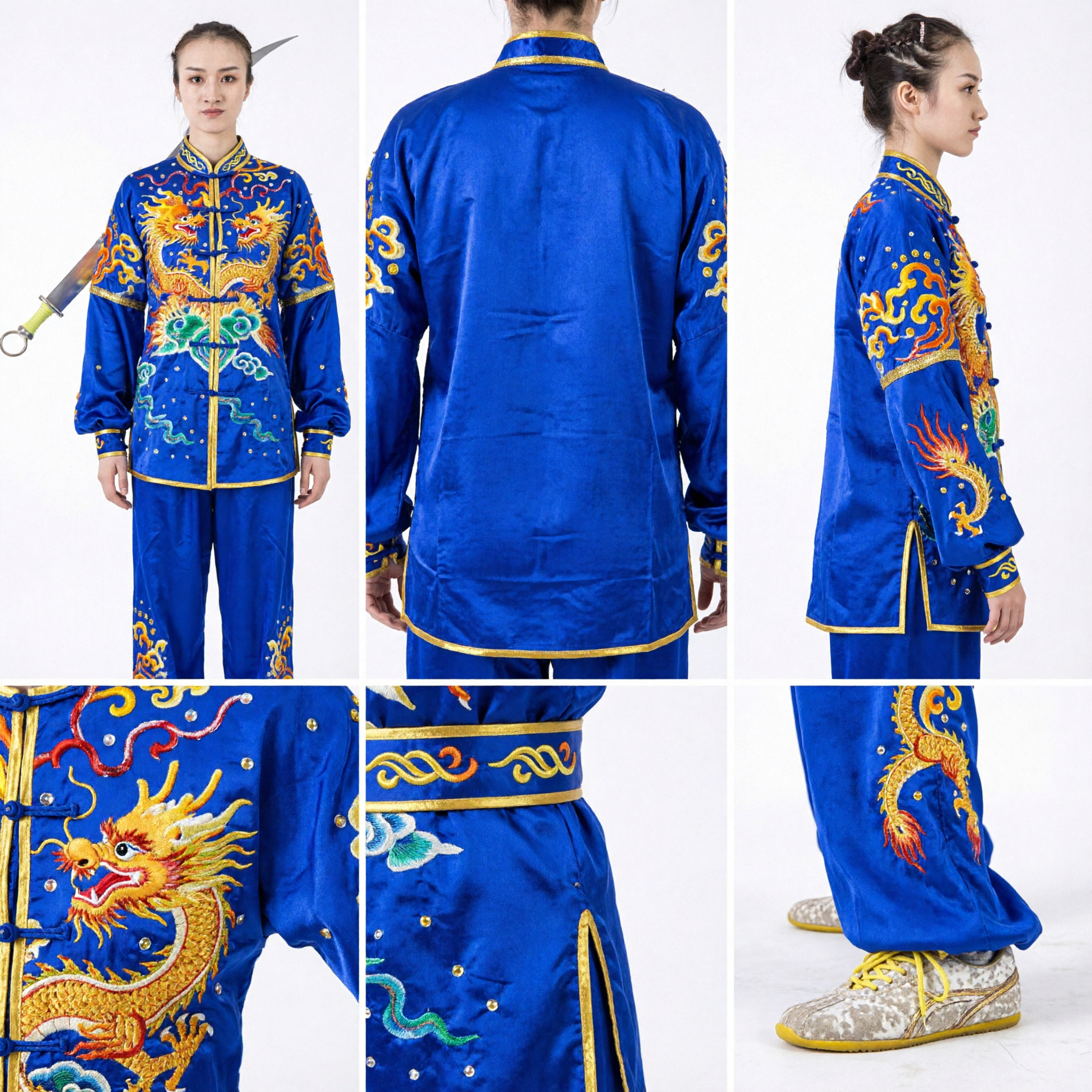 Women's Blue Traditional Wushu Uniform with Gold Dragon Embroidery for Kung Fu Competition and Performance