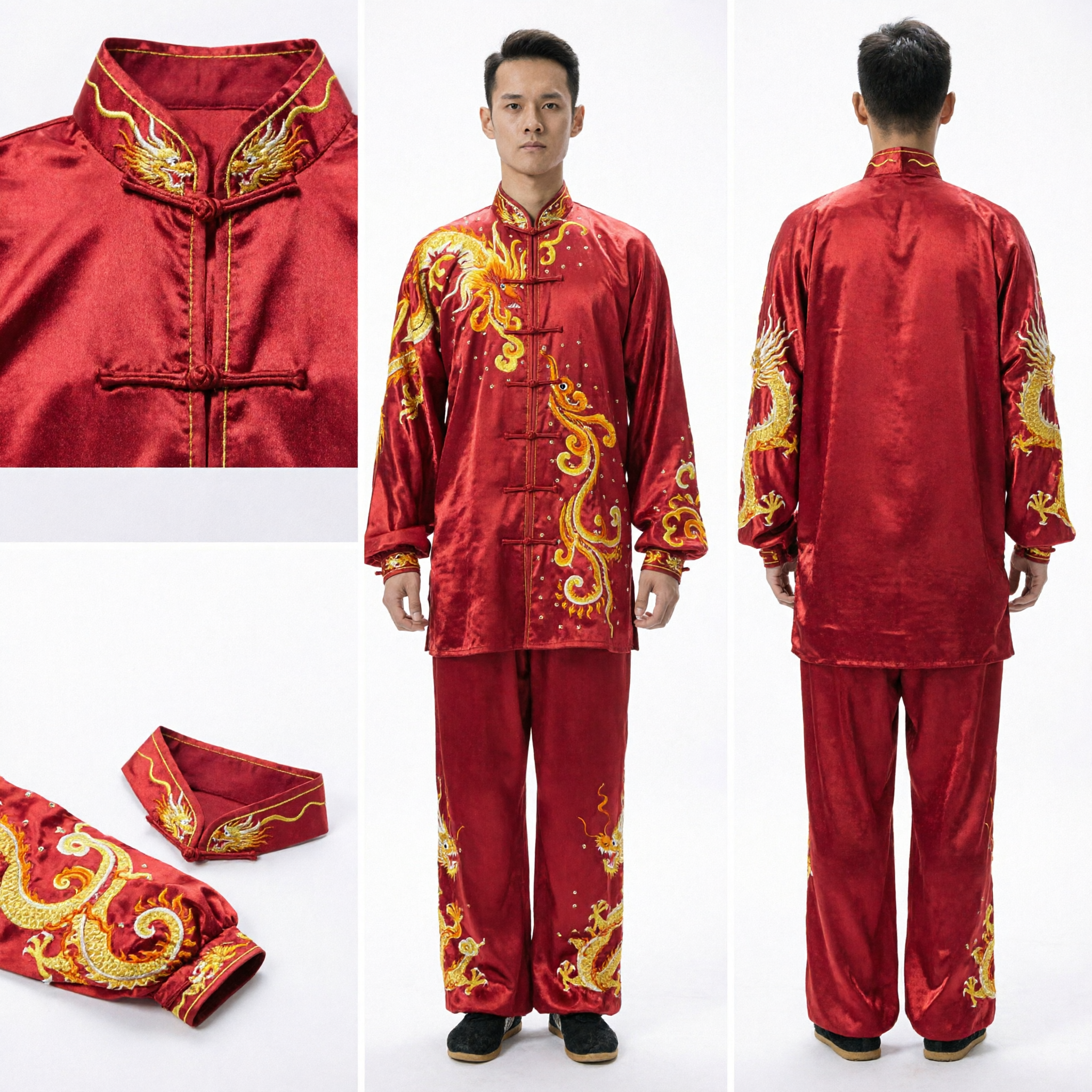 Men's Red Satin Wushu Uniform with Gold Dragon Embroidery Traditional Kung Fu Competition Costume