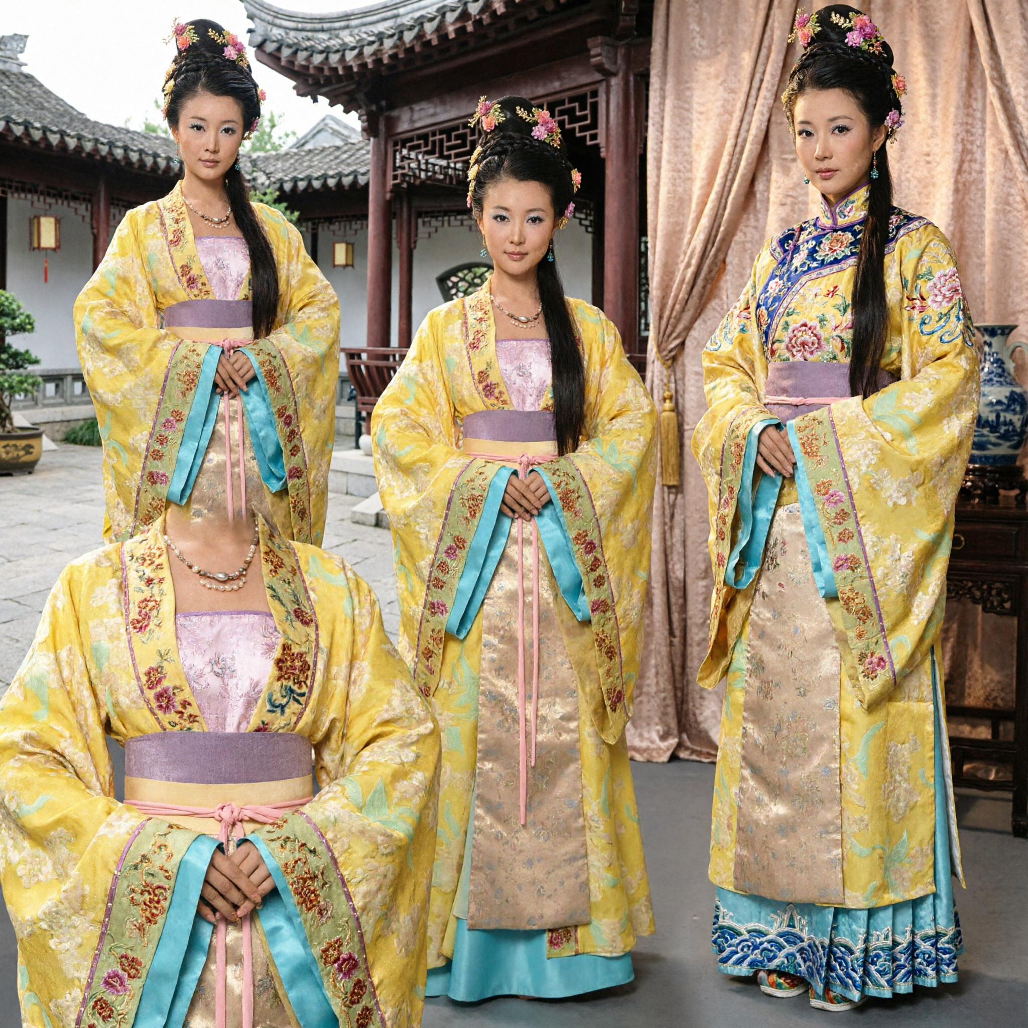 Ancient Chinese Tang Dynasty Princess Costume Yellow Floral Hanfu Traditional Performance Dress for Women