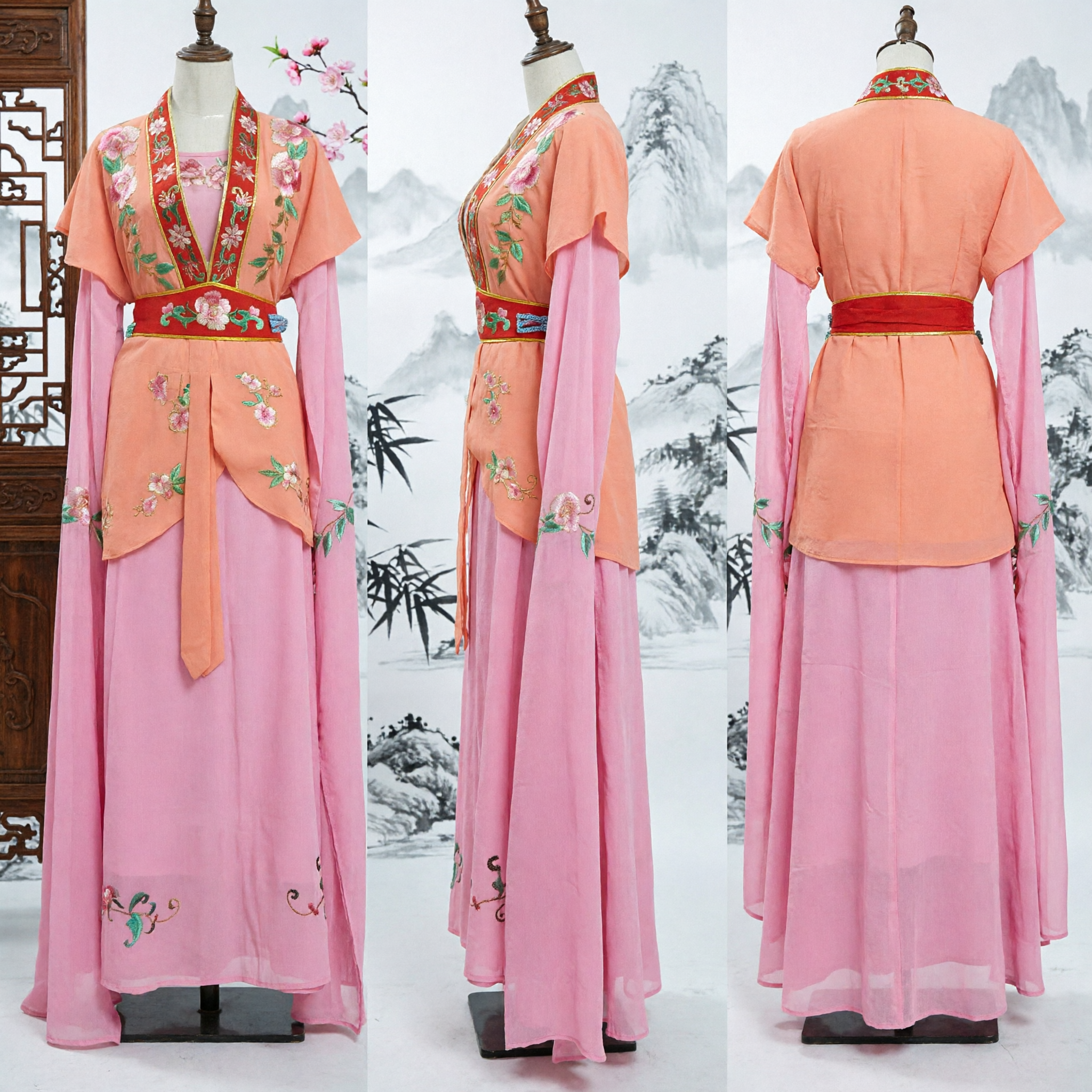 Traditional Chinese Hanfu Tang Dynasty Ancient Princess Costume Embroidered Peach Pink Dress for Stage Performance