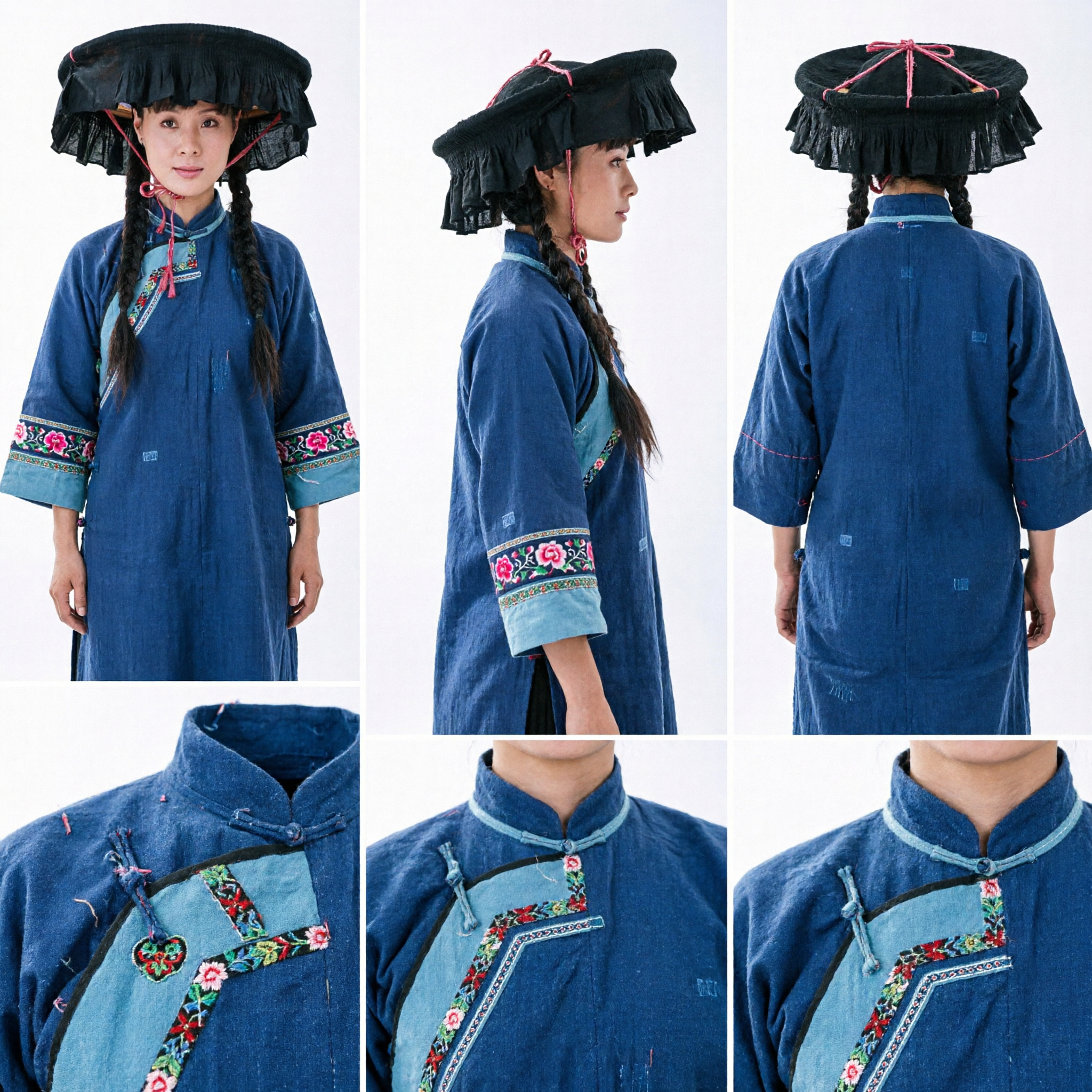 Traditional Chinese Ethnic Minority Black Bamboo Hat with Ruffled Brim for Folk Dance and Historical Drama Costumes