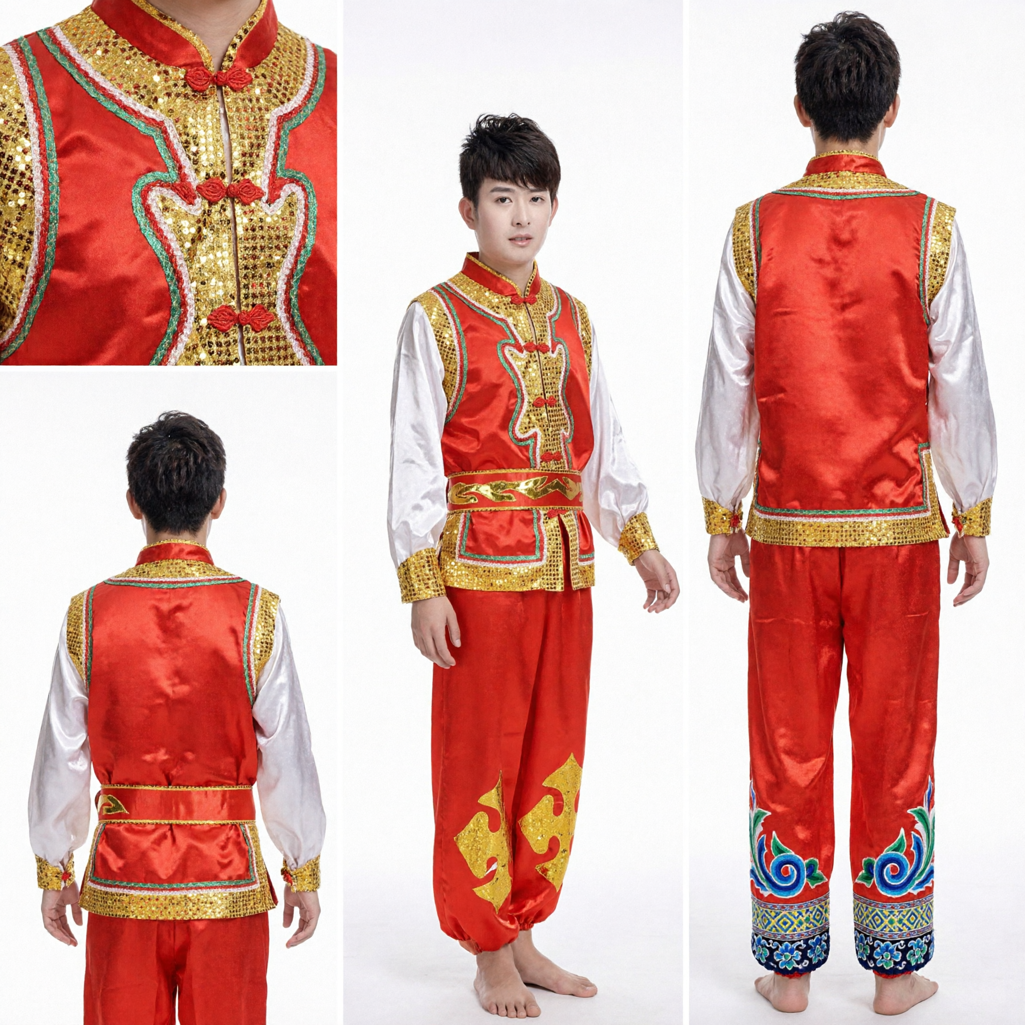 Traditional Chinese Men's Red and Gold Folk Dance Costume for Yangge Dragon Lion Performance Wear