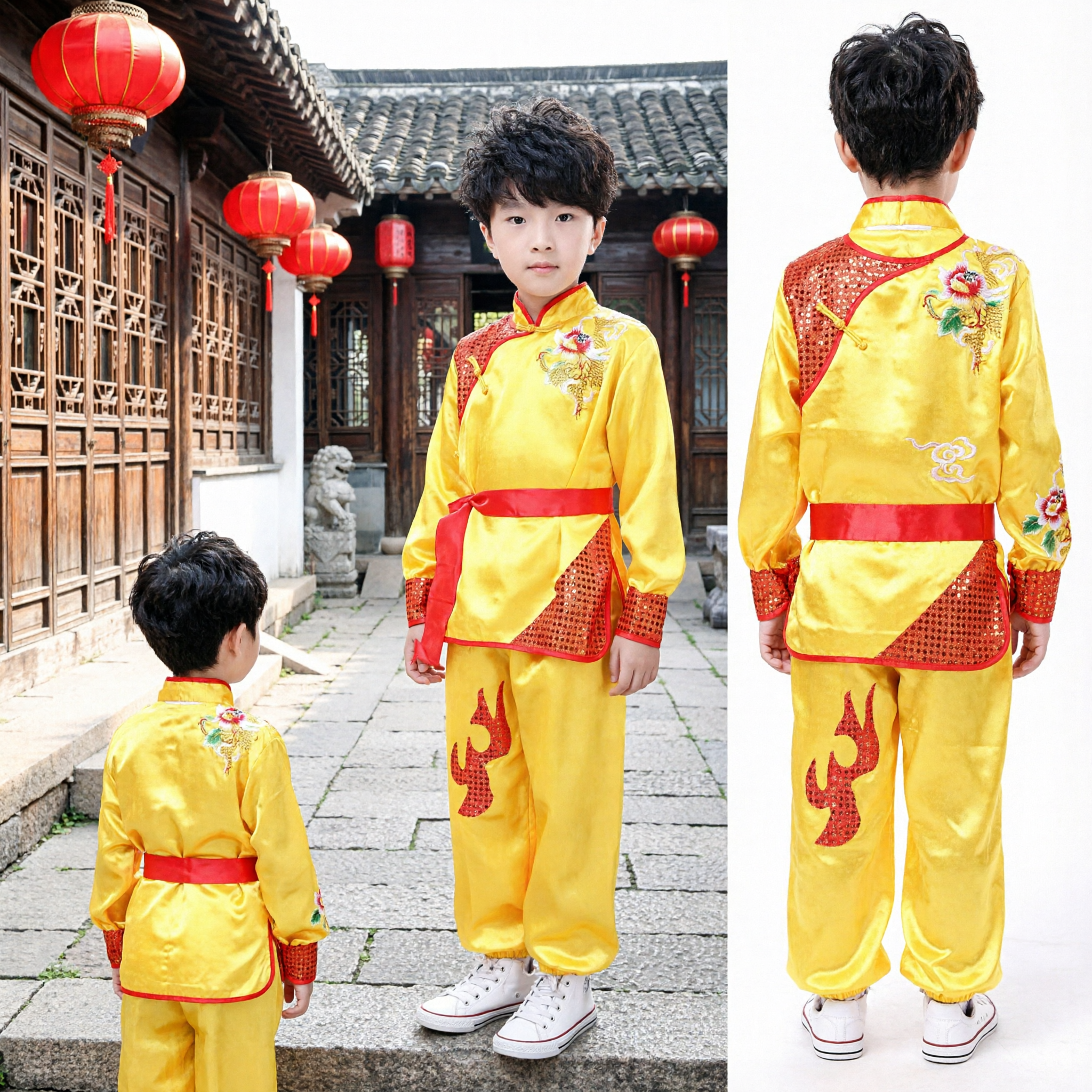 Boys Yellow Chinese Kung Fu Costume Traditional Dragon Dance Martial Arts Uniform for Kids Performance