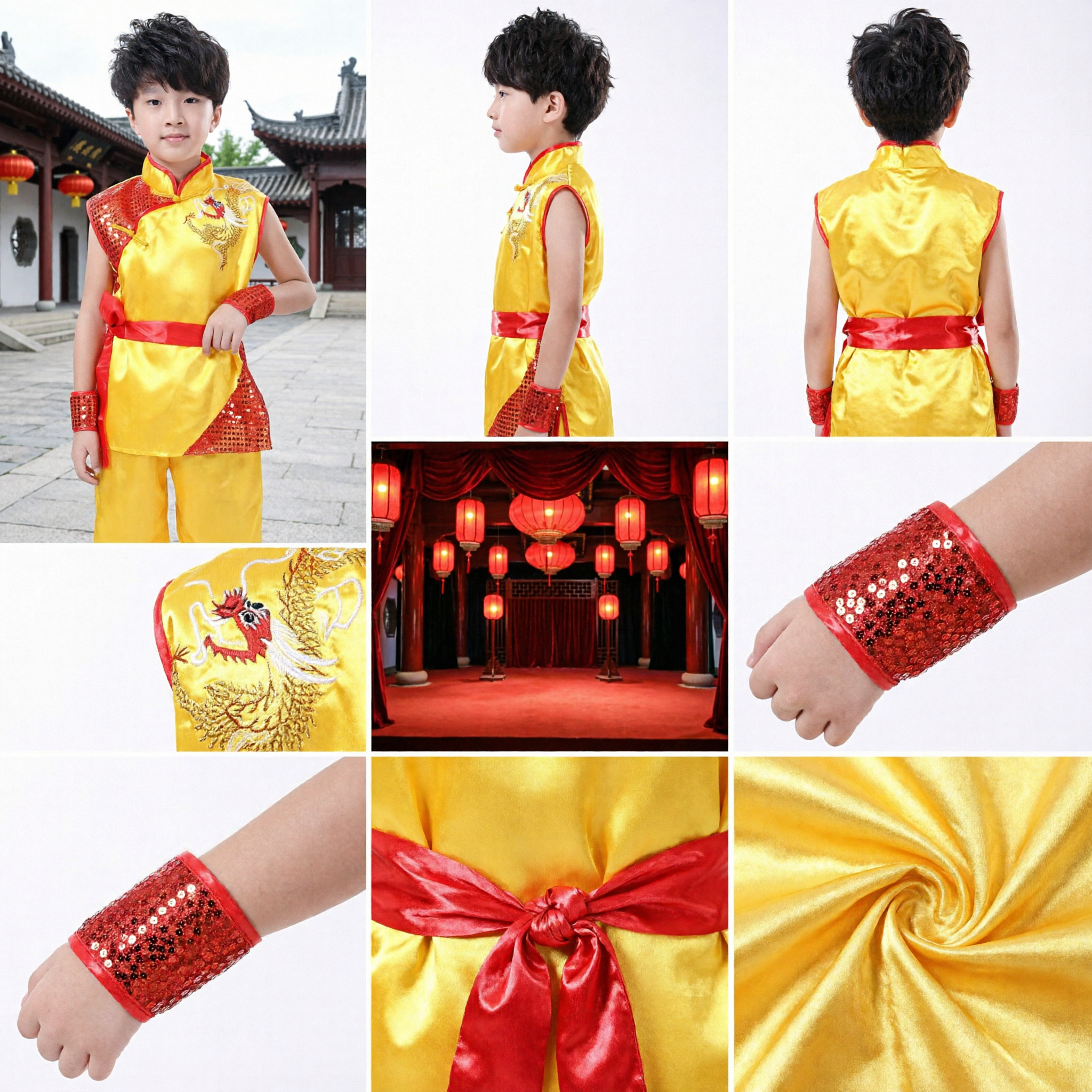 Boys Traditional Chinese Dragon Kung Fu Costume Yellow Folk Dance Performance Outfit for Kids