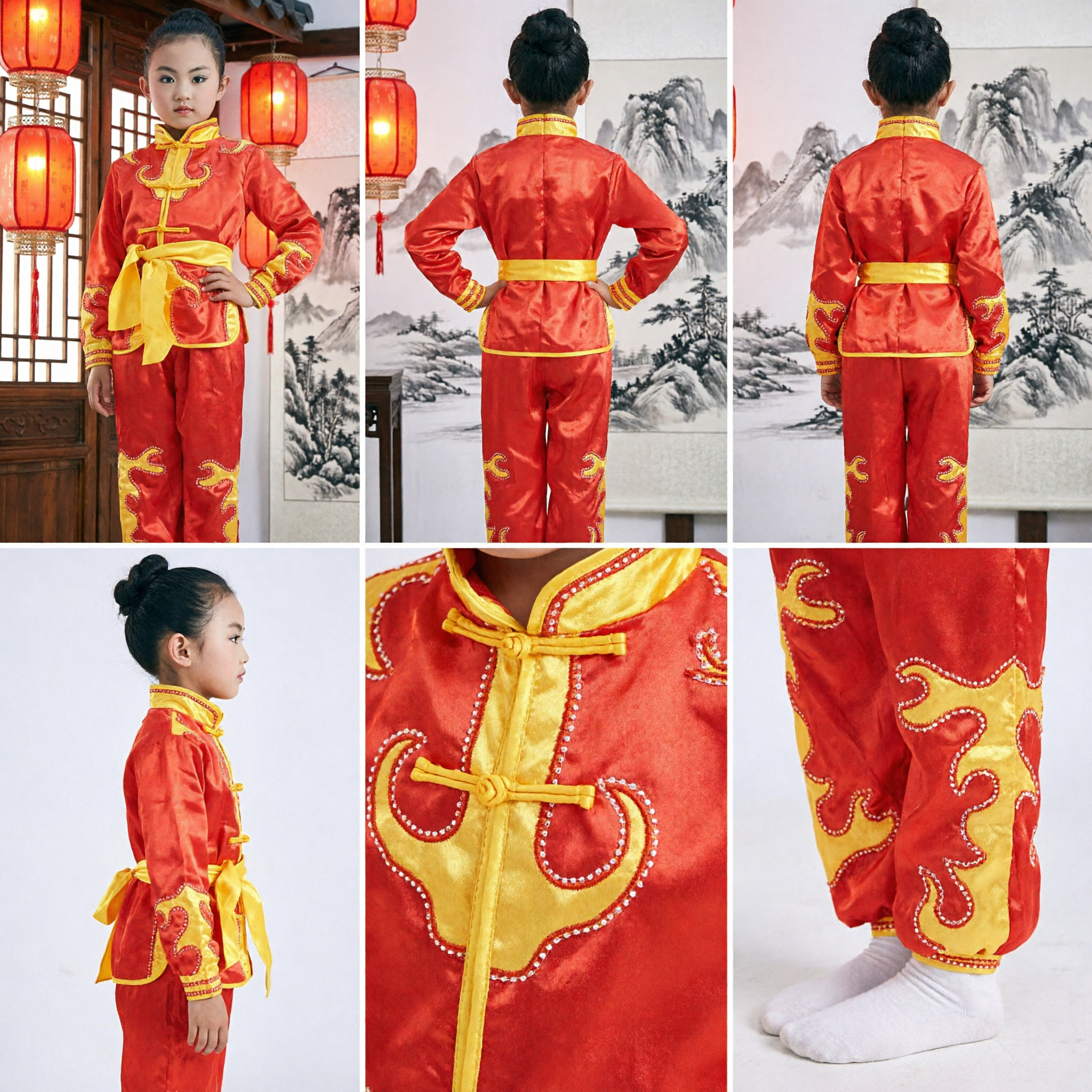 Kids Traditional Chinese Kung Fu Uniform Red Yellow Satin Wushu Costume Girls Martial Arts Performance