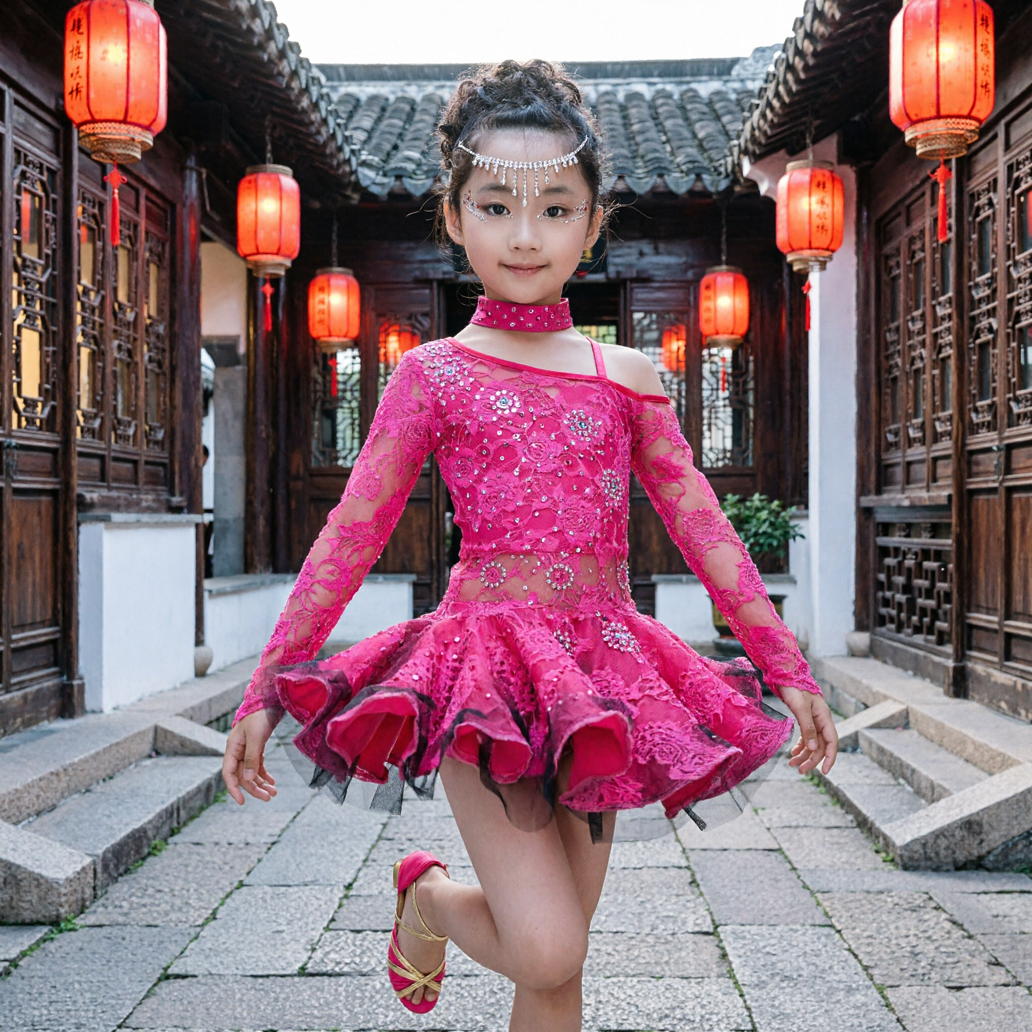 Kids Girls Latin Dance Dress Pink Rhinestone Ballroom Competition Costume Performance Outfit with Ruffled Skirt