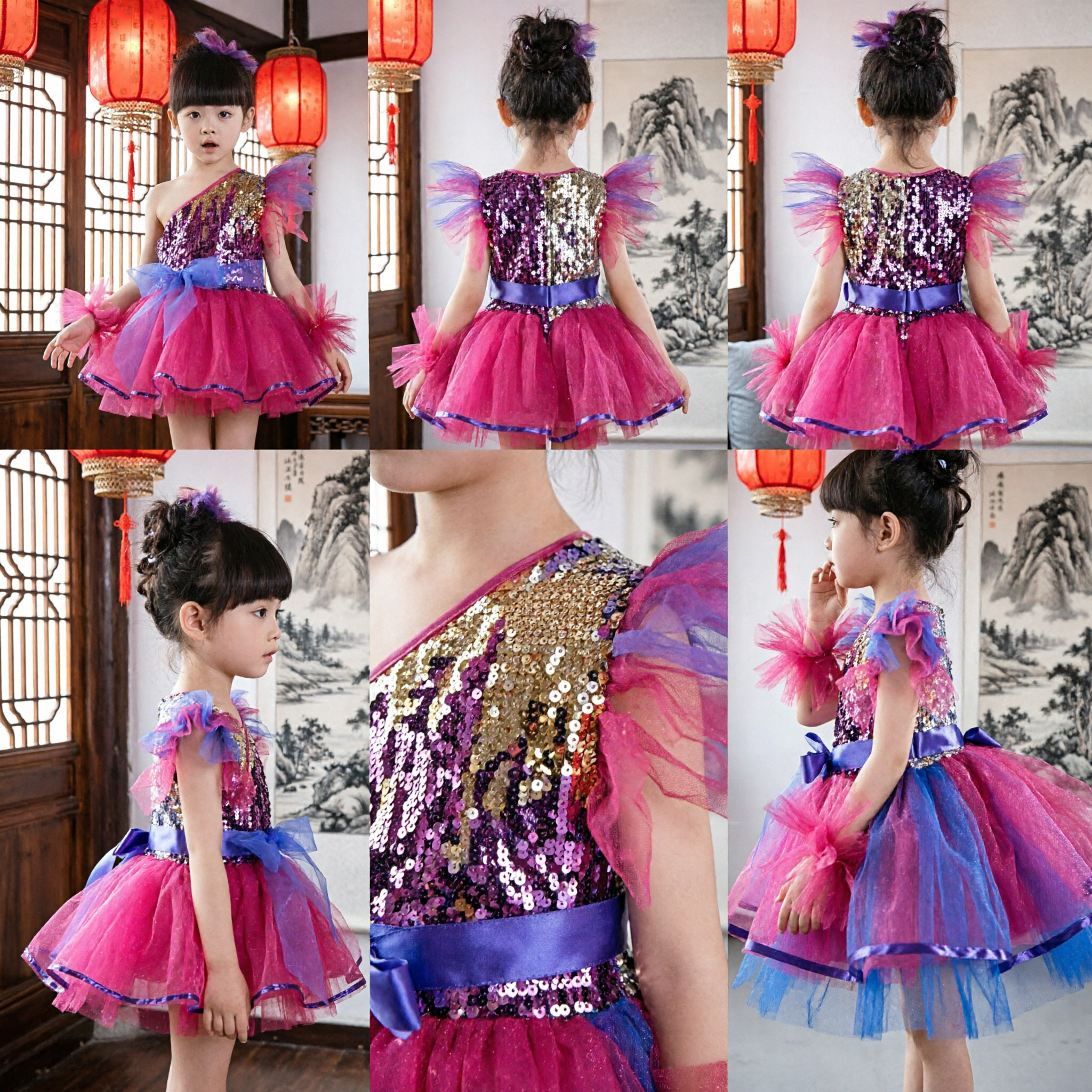 Girls Sparkly Sequin Dance Costume Pink Tulle Tutu Dress Stage Performance Outfit for Kids