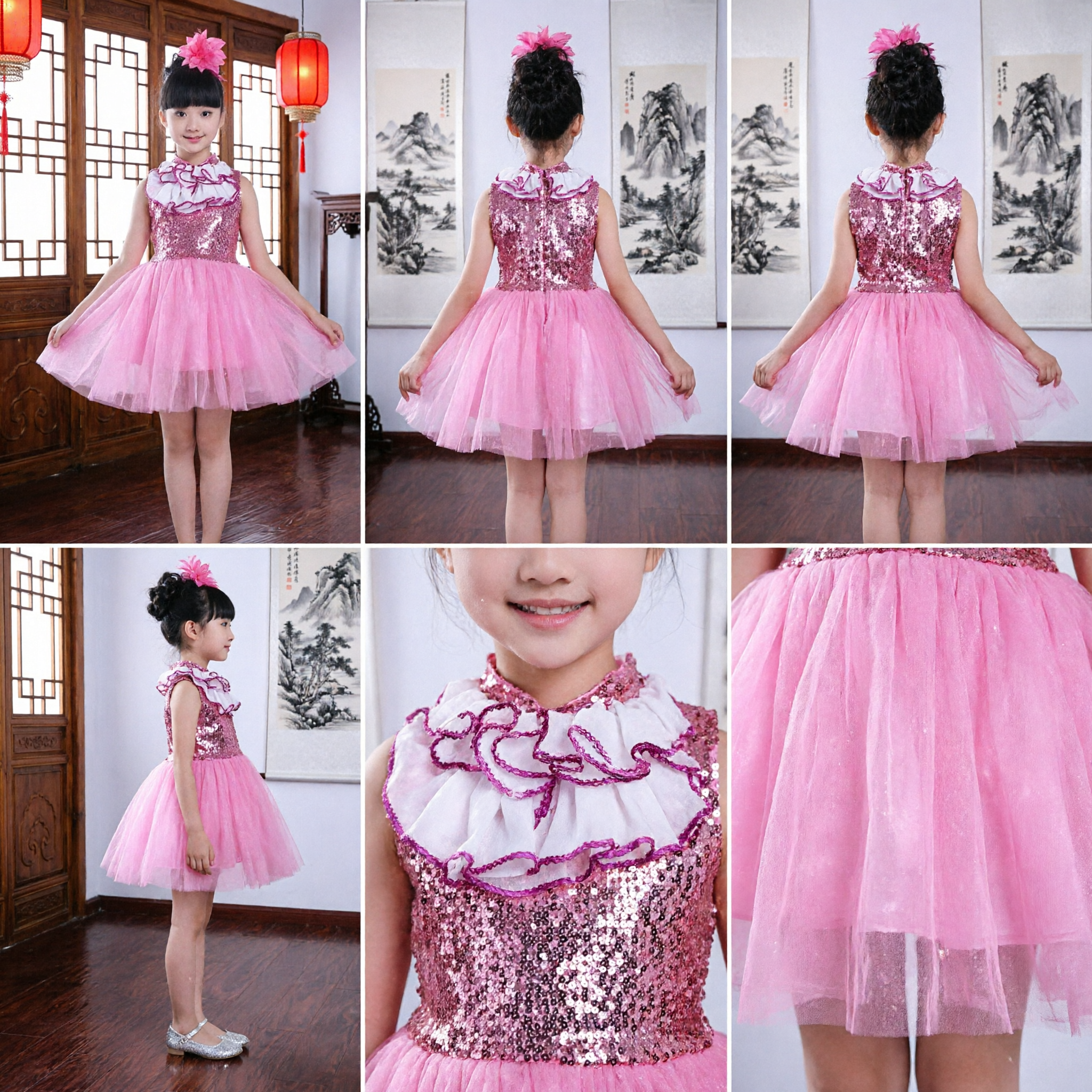 Girls Pink Sequin Performance Dress with Tulle Skirt for Stage Singing Hosting and Dance