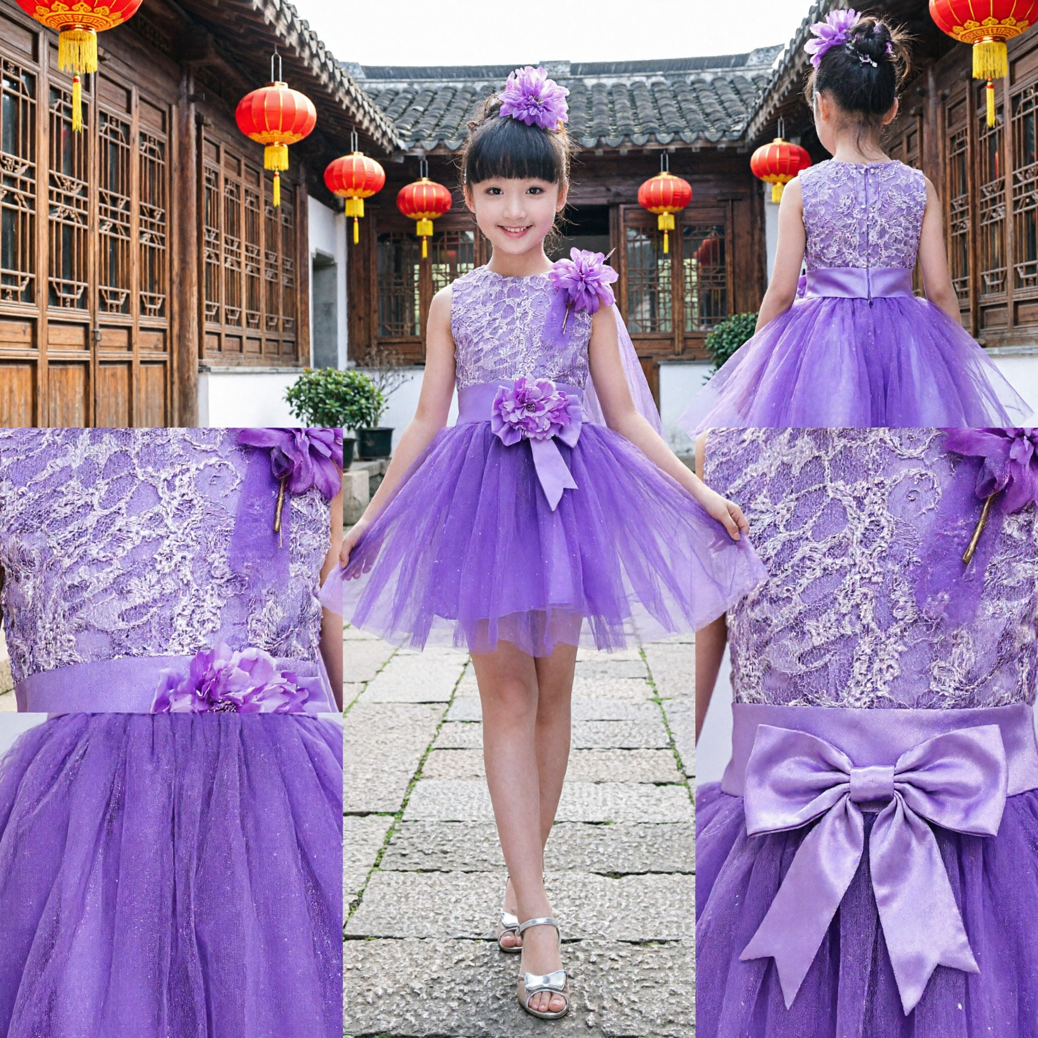 Girls Purple Sequin Lace Bodice Tulle Tutu Dress for Stage Performance Choir Dance Recital