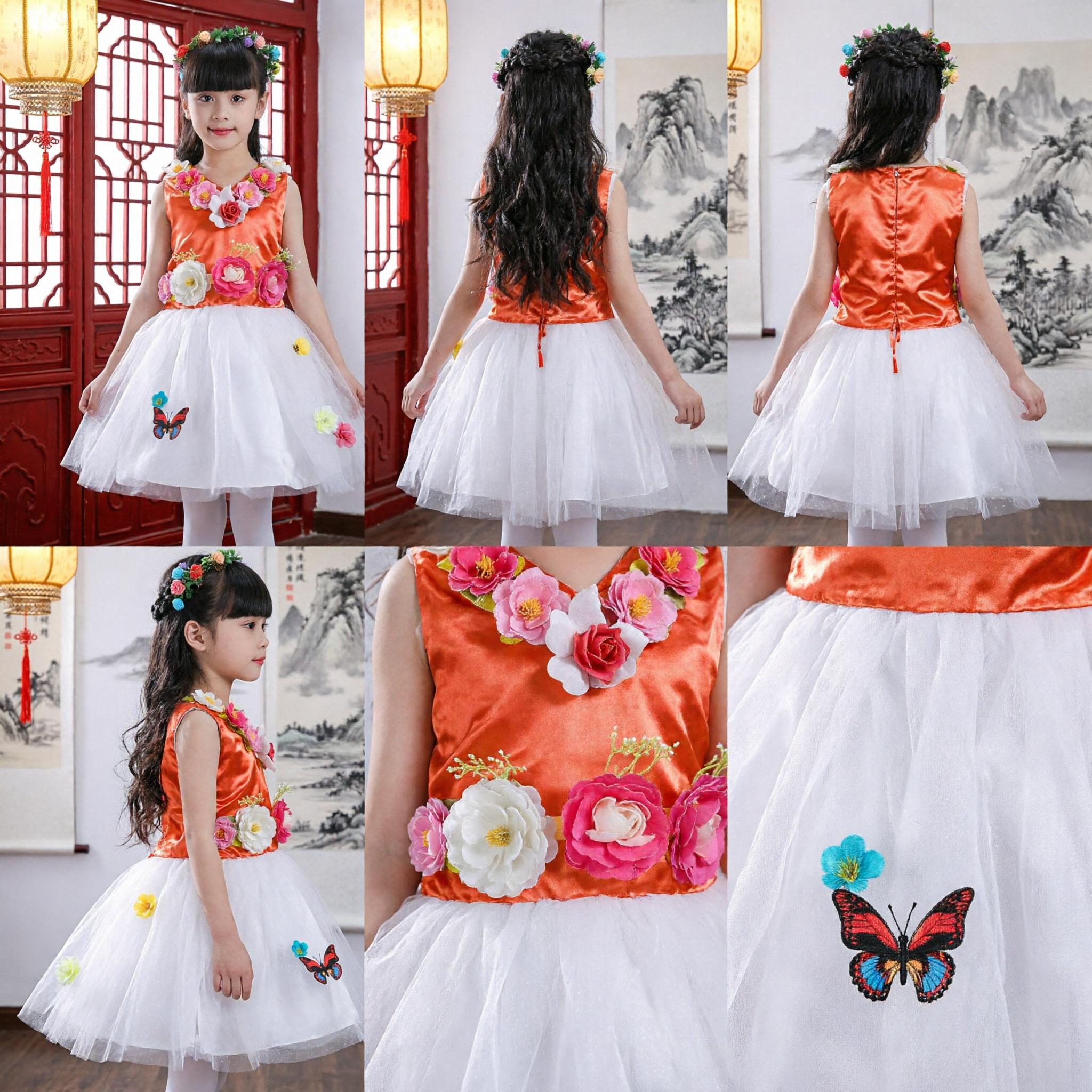 Girls Floral Stage Performance Costume Orange Satin Top White Tulle Skirt Kids Dance Dress for Recital