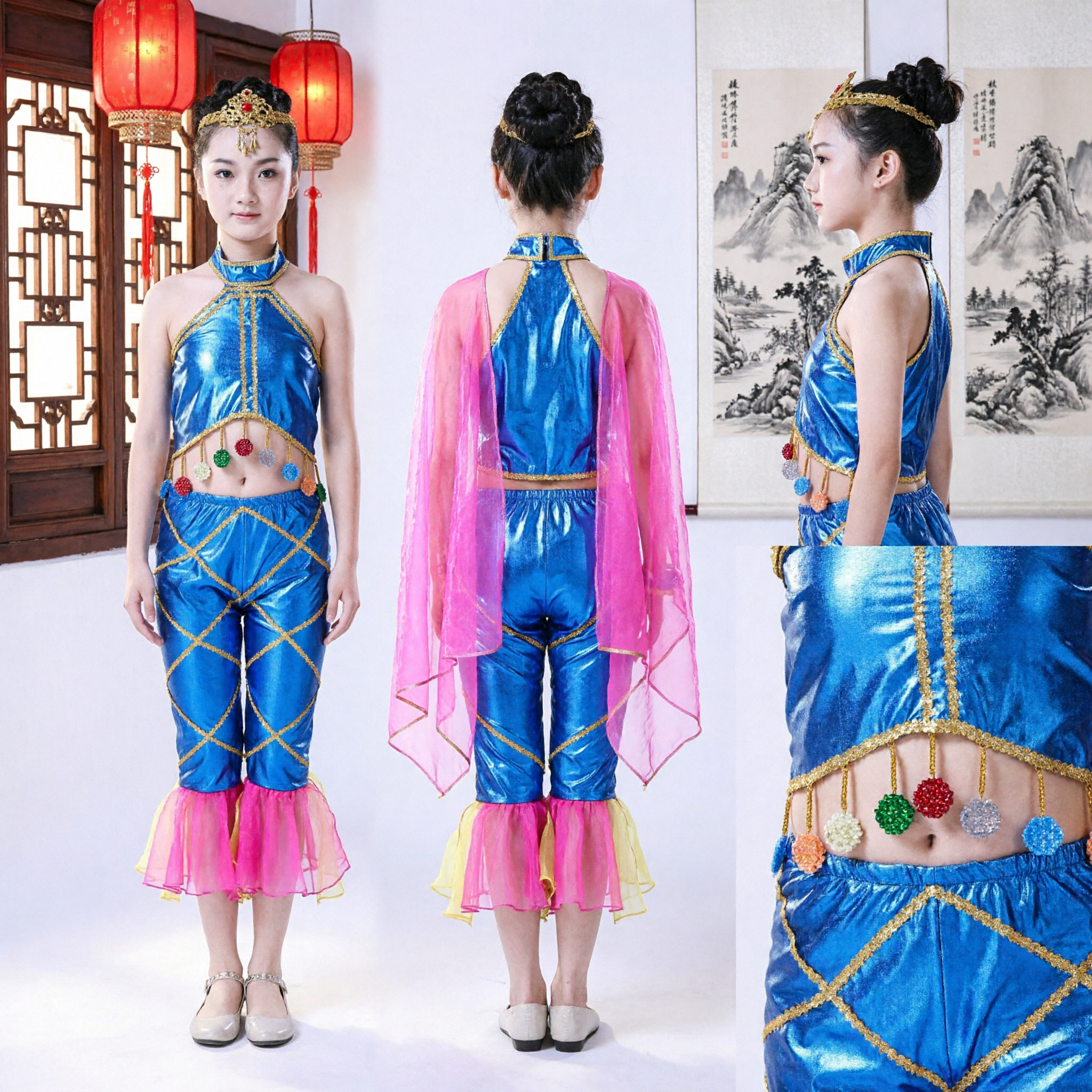 Women's Blue Shiny Ethnic Dance Costume with Pink Chiffon Sleeves and Coin Belt for Stage Performance