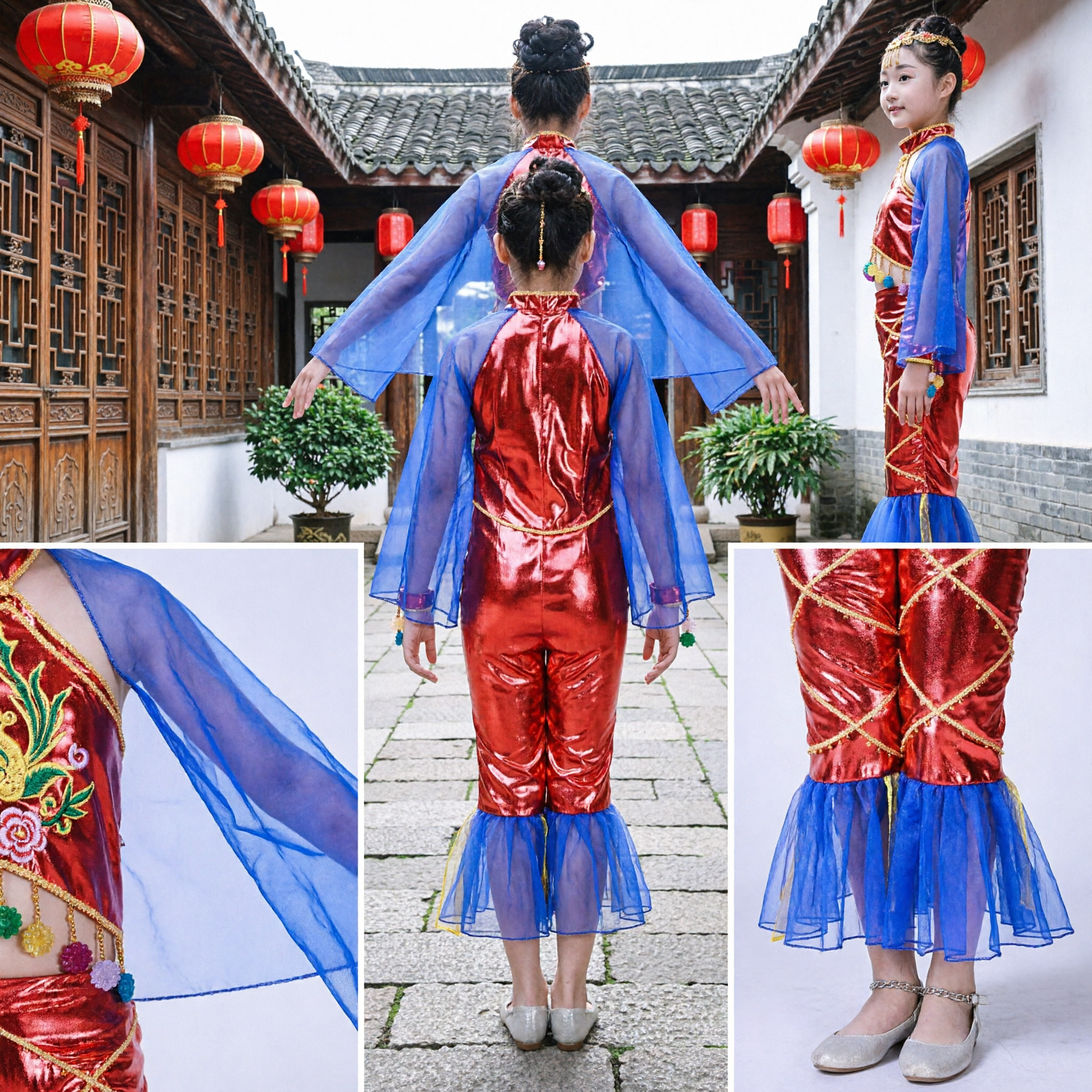 Chinese Traditional Dunhuang Dance Costume Kids Girls Red Flying Apsara Stage Performance Outfit