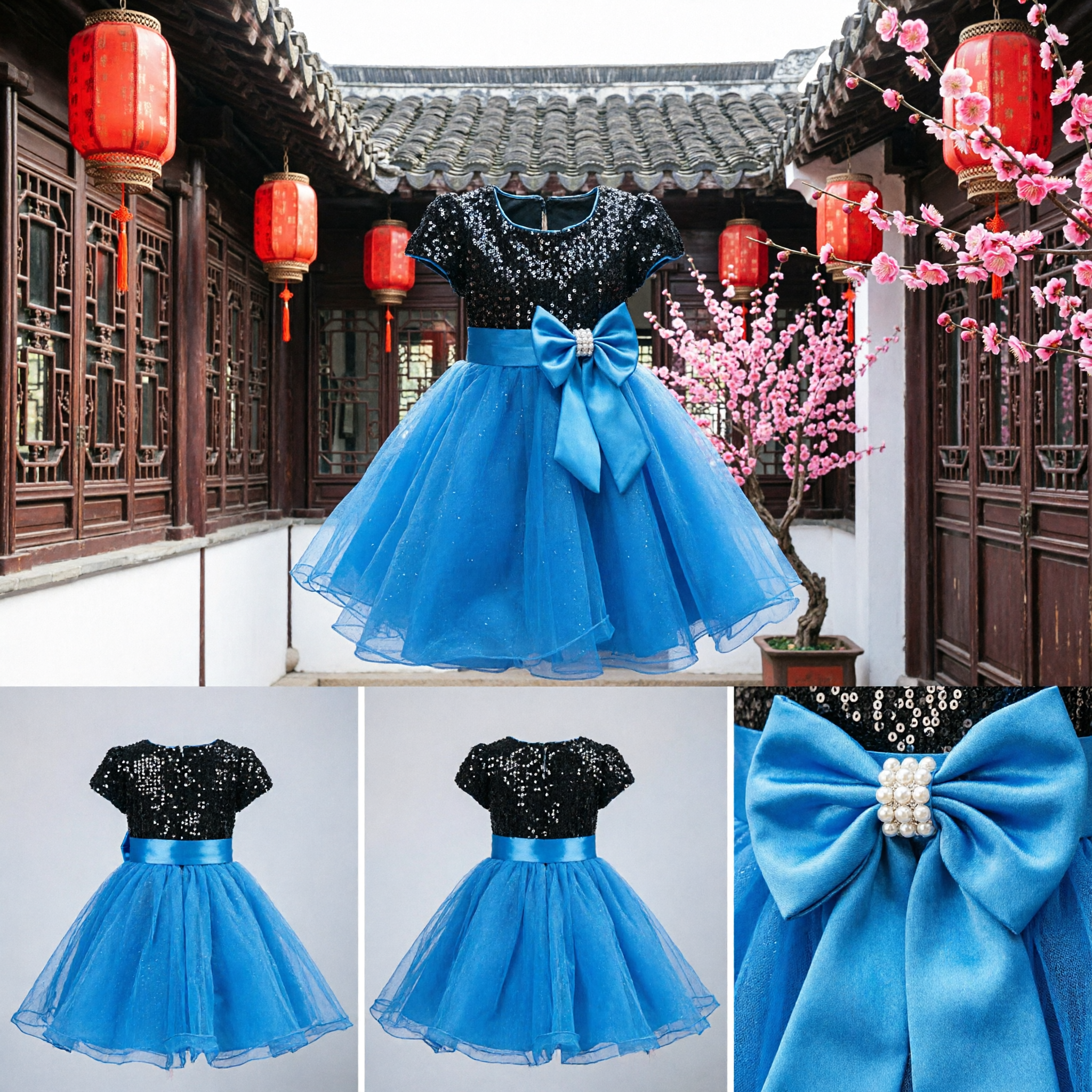 Toddler Girls Formal Party Dress Black Sequin Bodice Blue Tulle Skirt Big Bow Wedding Outfit