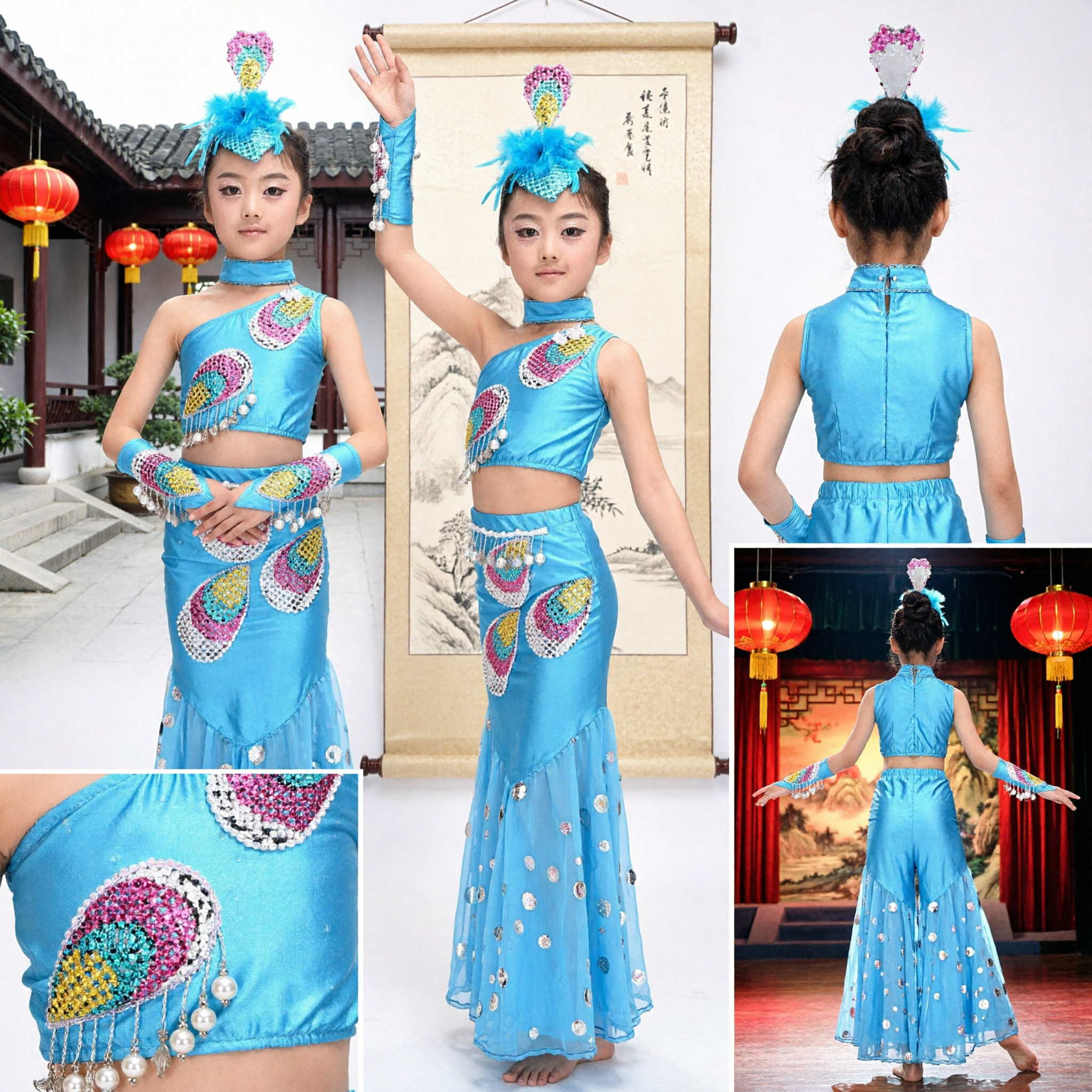 Girls Blue Peacock Dance Costume Traditional Chinese Dai Ethnic Folk Dance Performance Stage Outfit