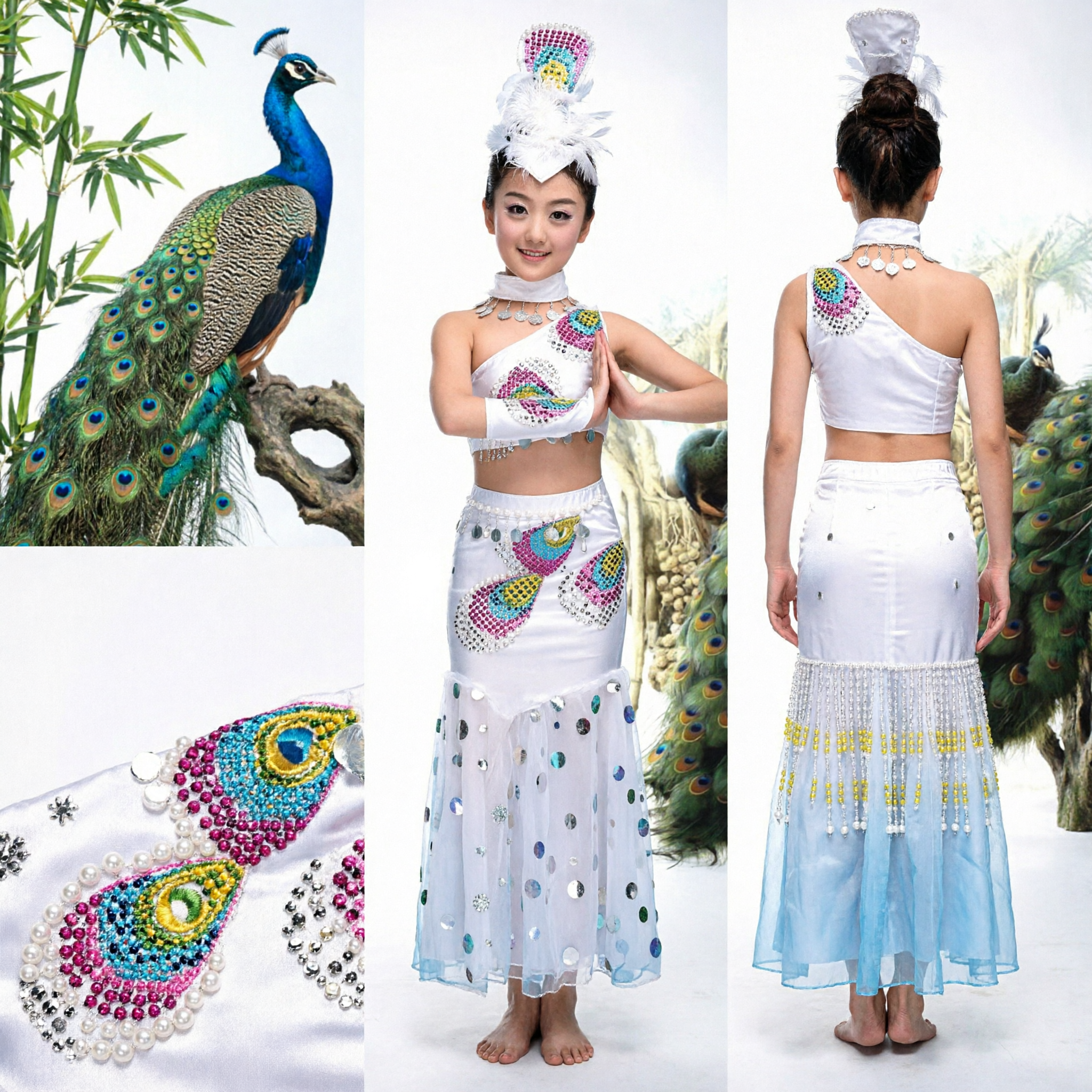 White Dai Peacock Dance Costume for Girls Traditional Chinese Ethnic Folk Dress Stage Performance Outfit