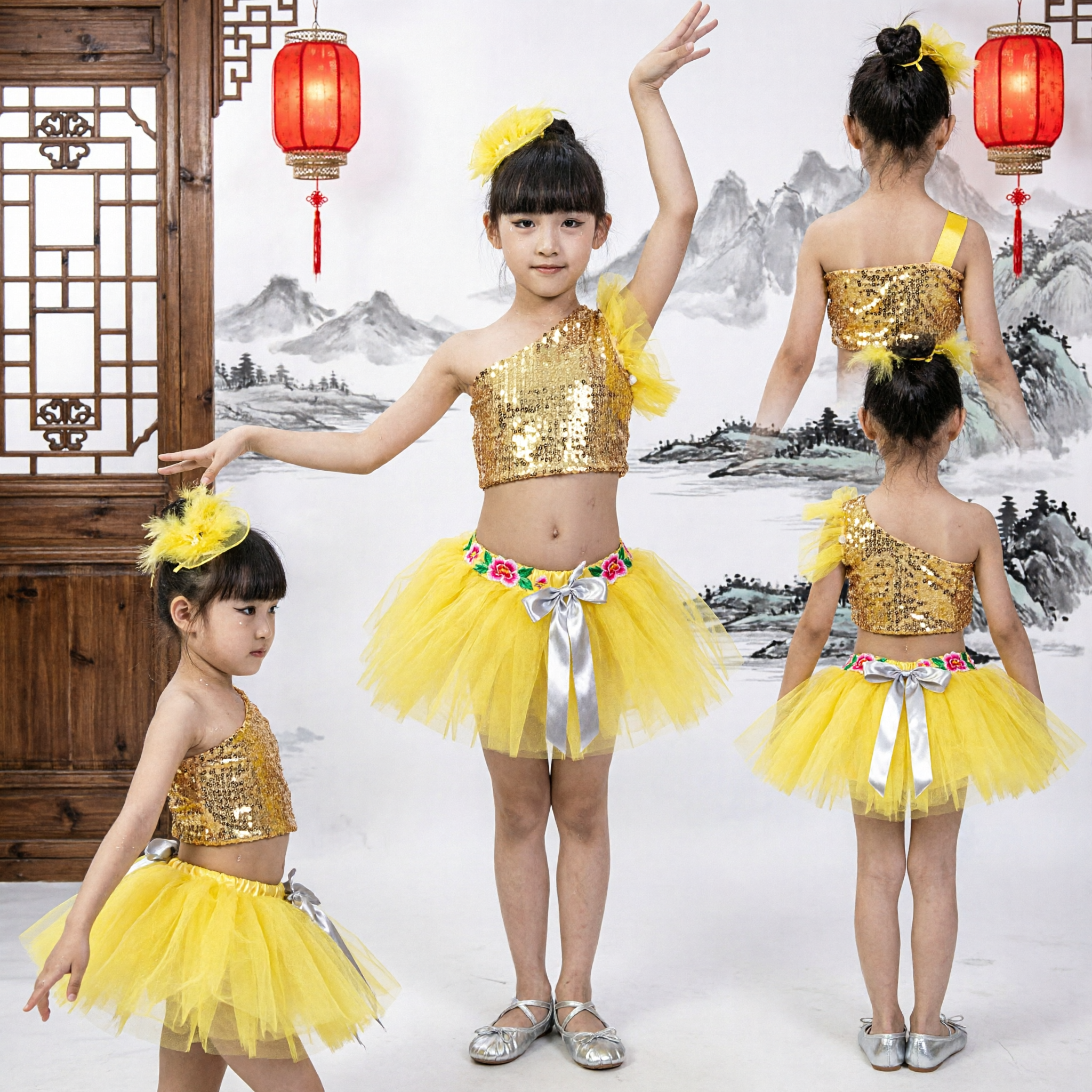 Girls Yellow Sequin Halter Top and Tulle Tutu Skirt Dance Costume for Latin Jazz Performance