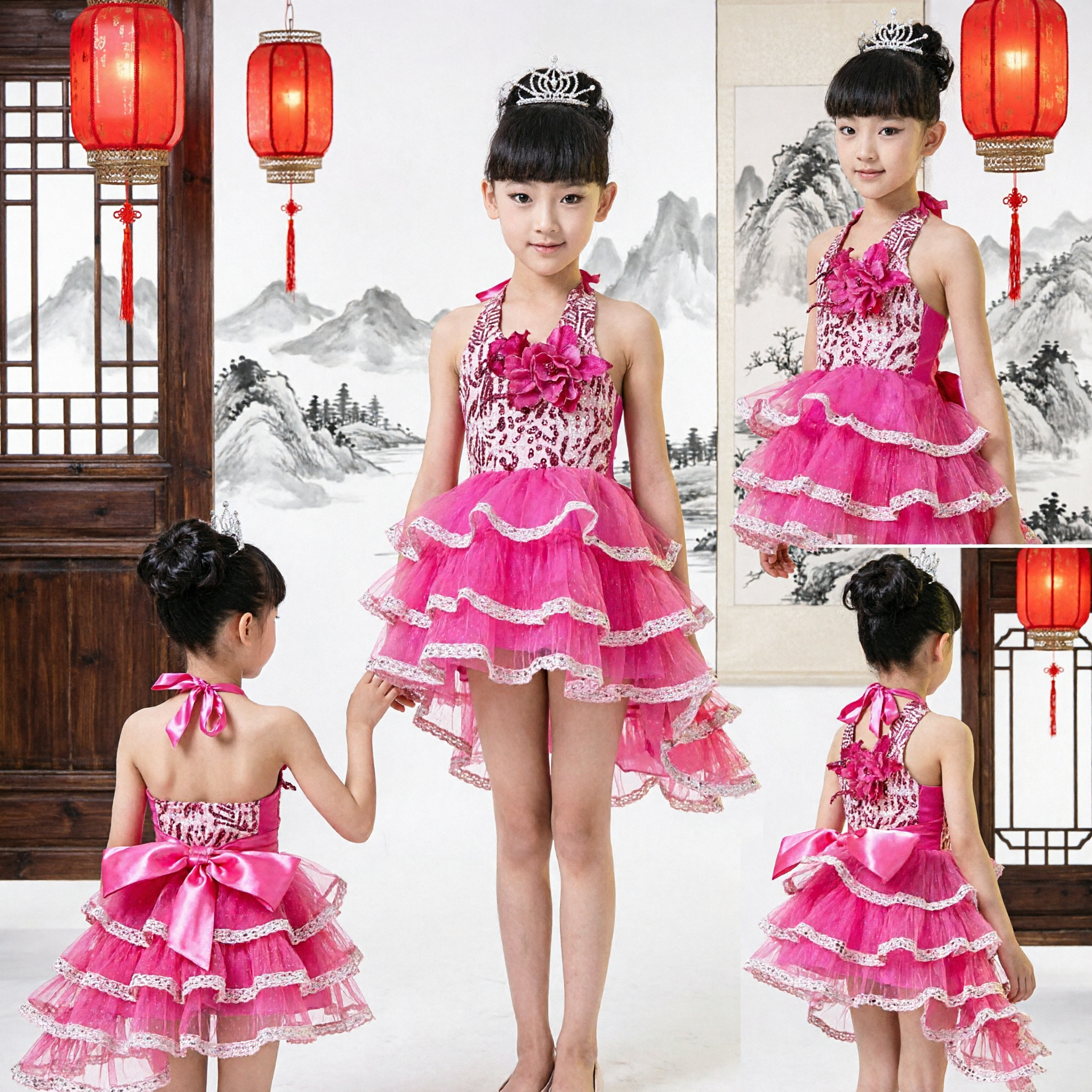 Girls Pink Halter Latin Dance Dress Ruffle Ballroom Competition Performance Costume Kids Stage Wear