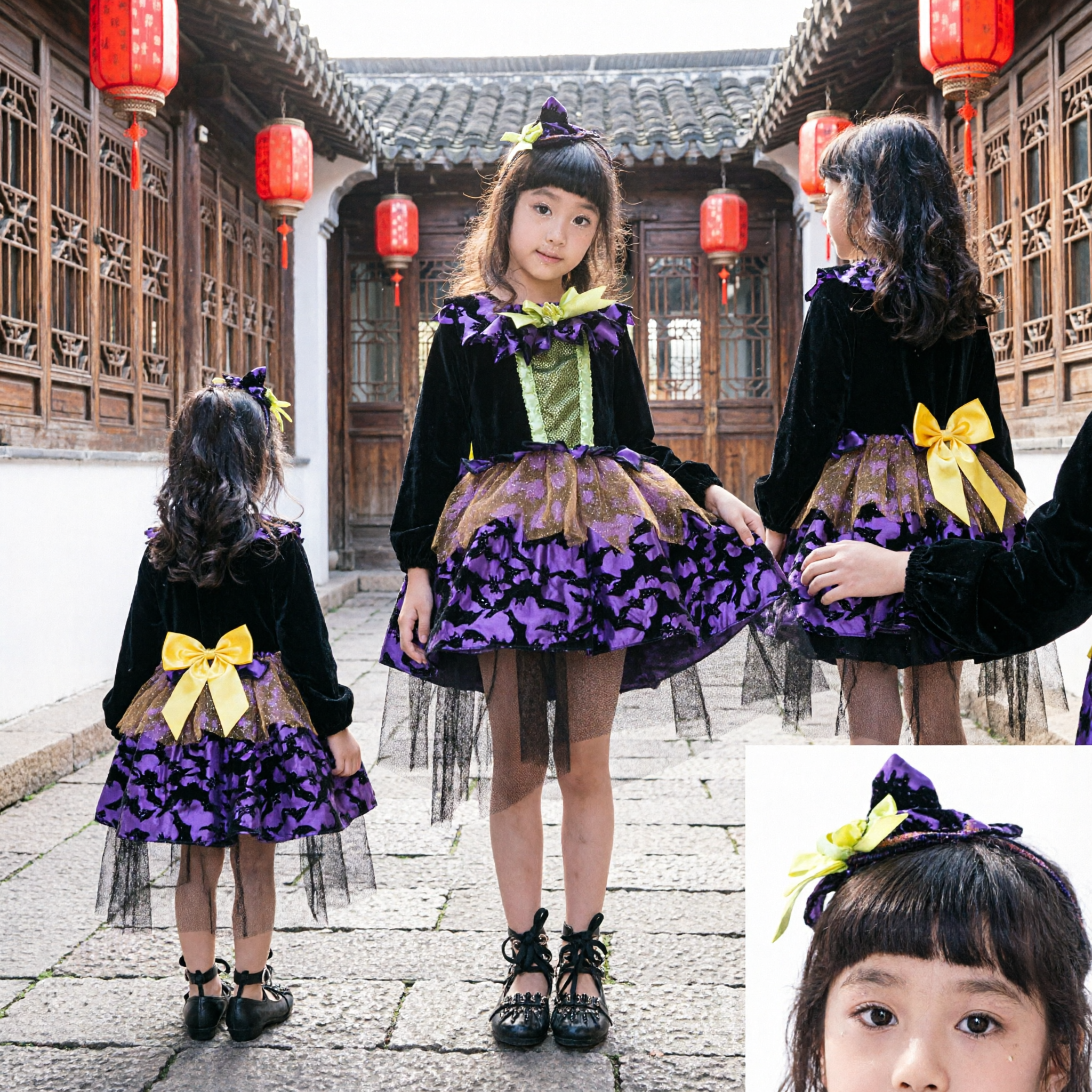 Magical Kids Girls Halloween Witch Costume Purple Bat Print Tutu Dress Cosplay Party Fancy Outfit