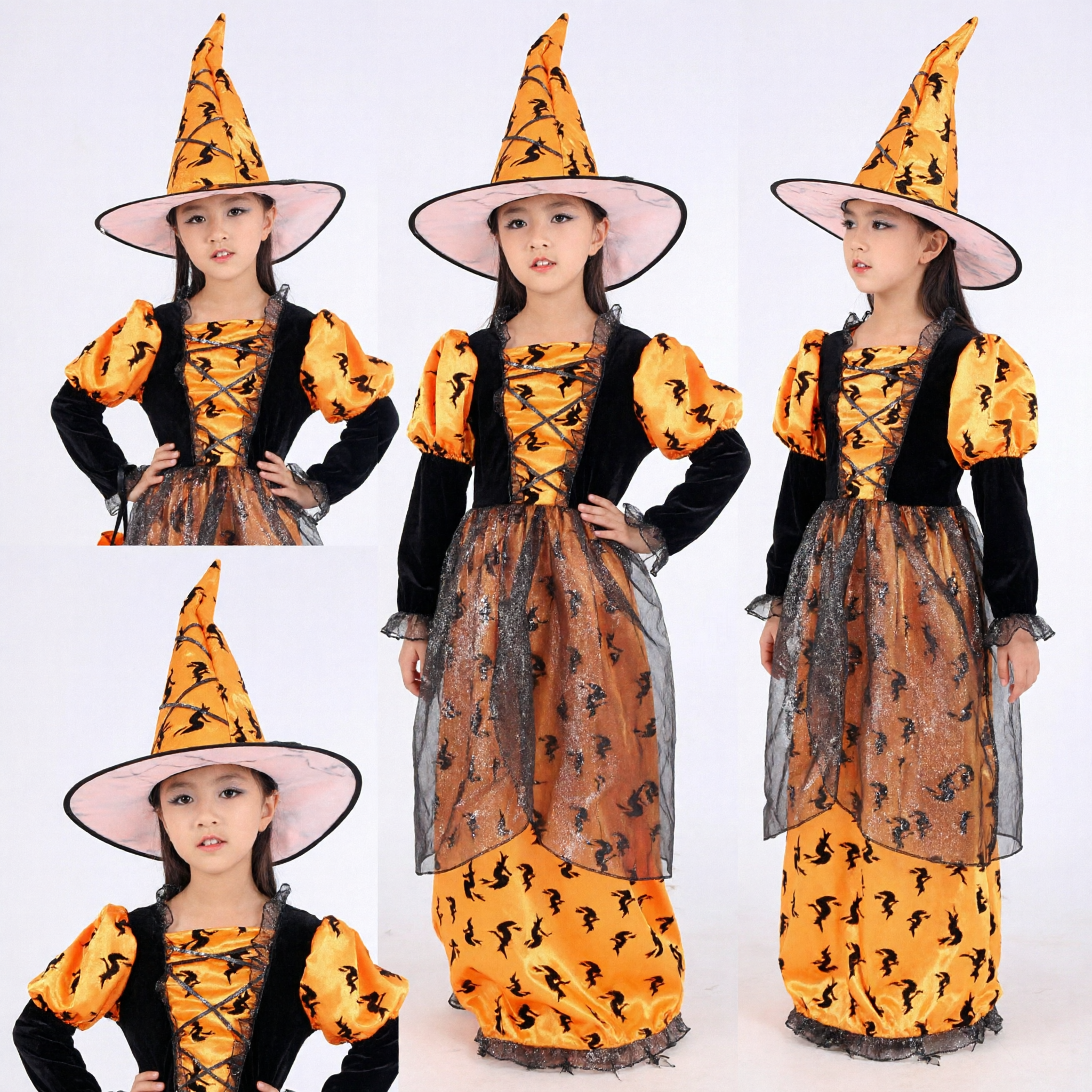 Girls Halloween Witch Costume Orange Black Dress with Pointed Hat Kids Cosplay Party Outfit