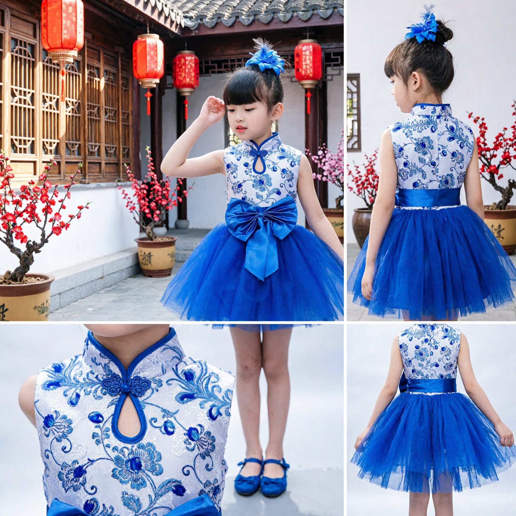 Girls Royal Blue Chinese Cheongsam Tutu Dress Floral Embroidery Top Party Performance Costume