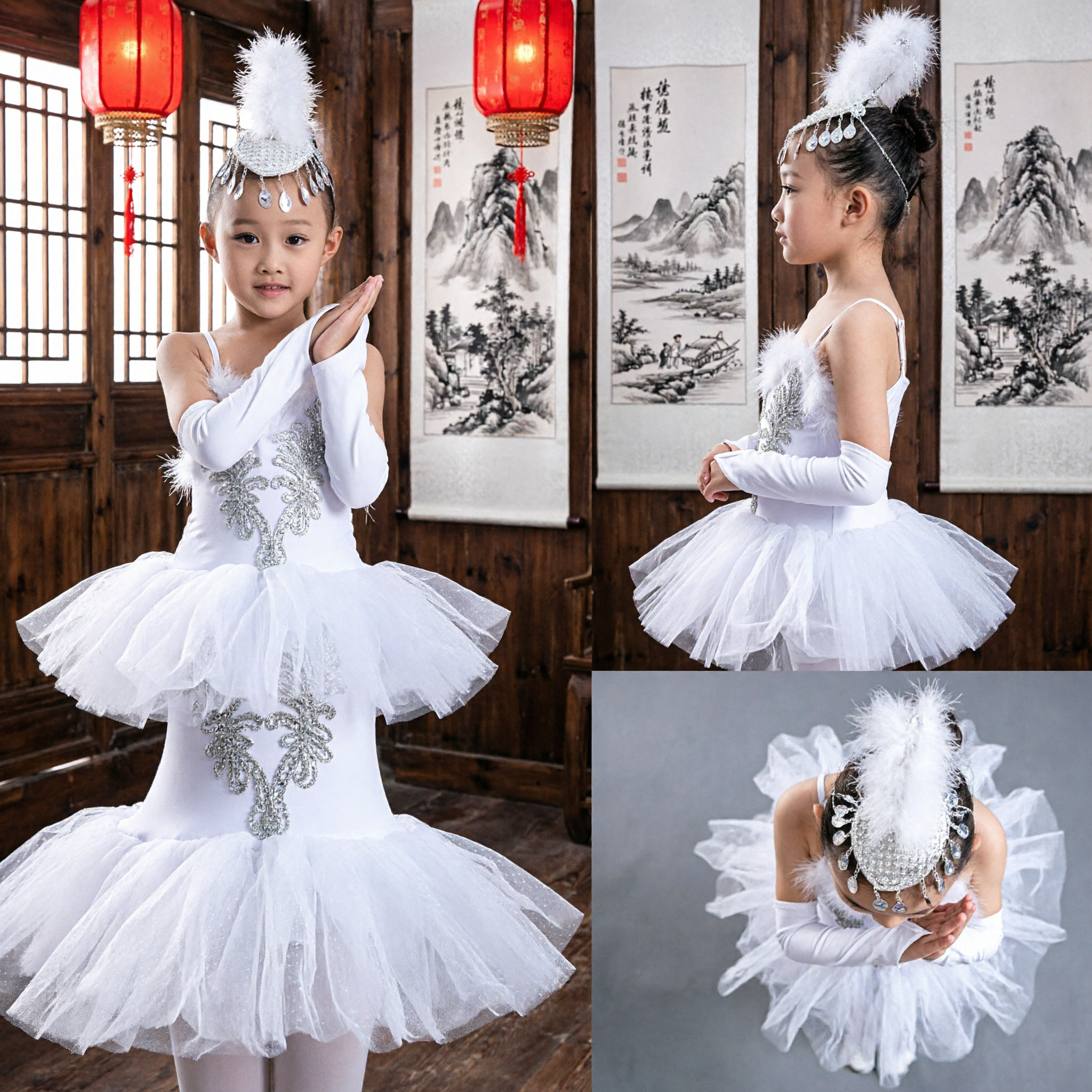 Girls White Swan Ballet Tutu Dress with Feather Headpiece for Stage Dance Performance Show