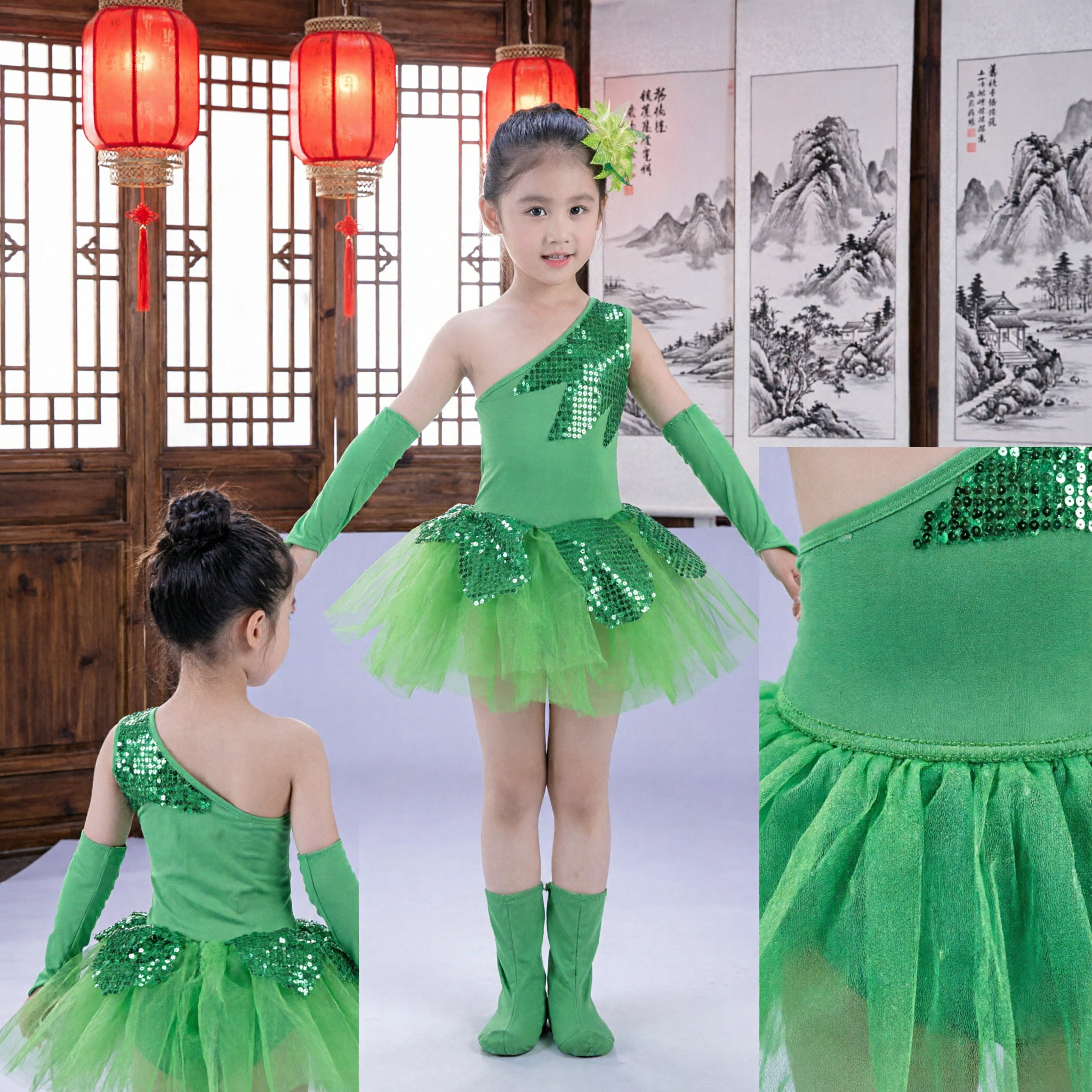 Green Kids Jazz Dance Costume One Shoulder Sequin Tutu Outfit Stage Performance Wear for Girls