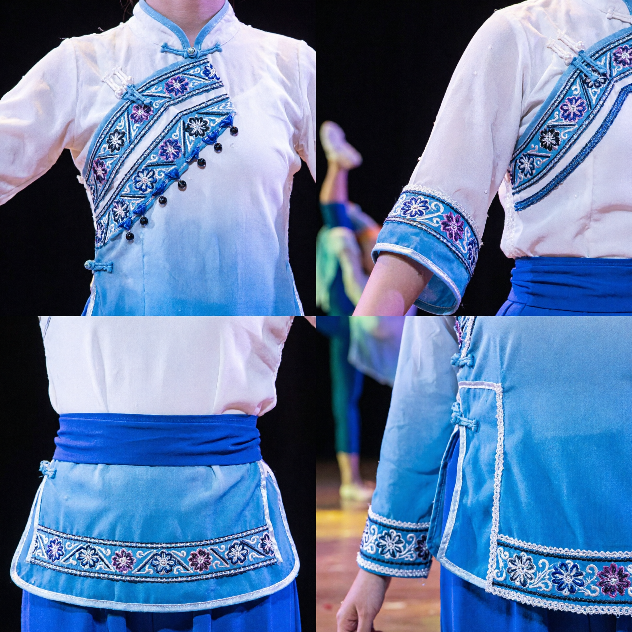 Classical Chinese Dance Costume Women Teal and White Gradient Outfit for Stage Performance Group Competition