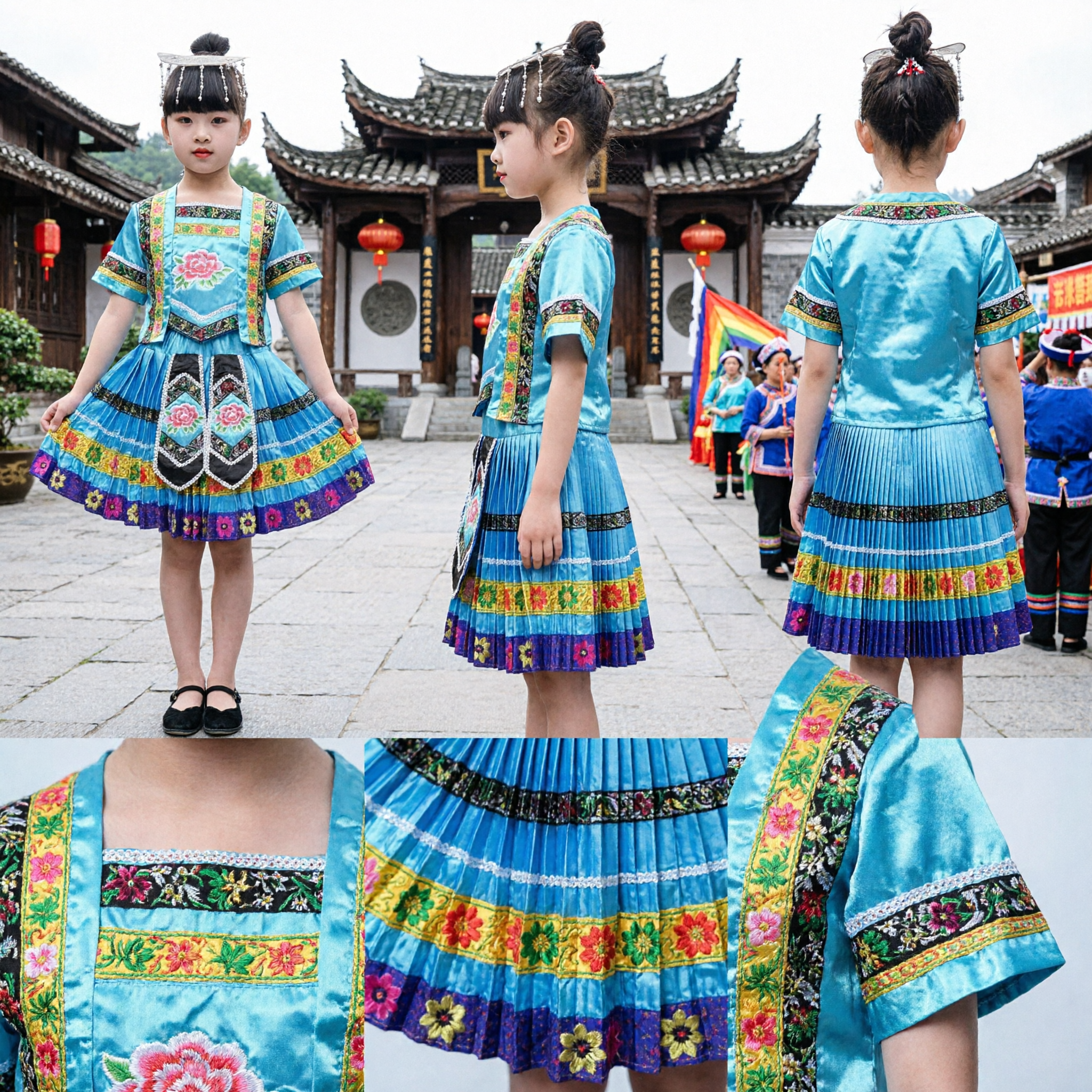Traditional Chinese Miao Ethnic Minority Folk Dance Costume for Girls Blue Embroidery Performance Dress with Headpiece