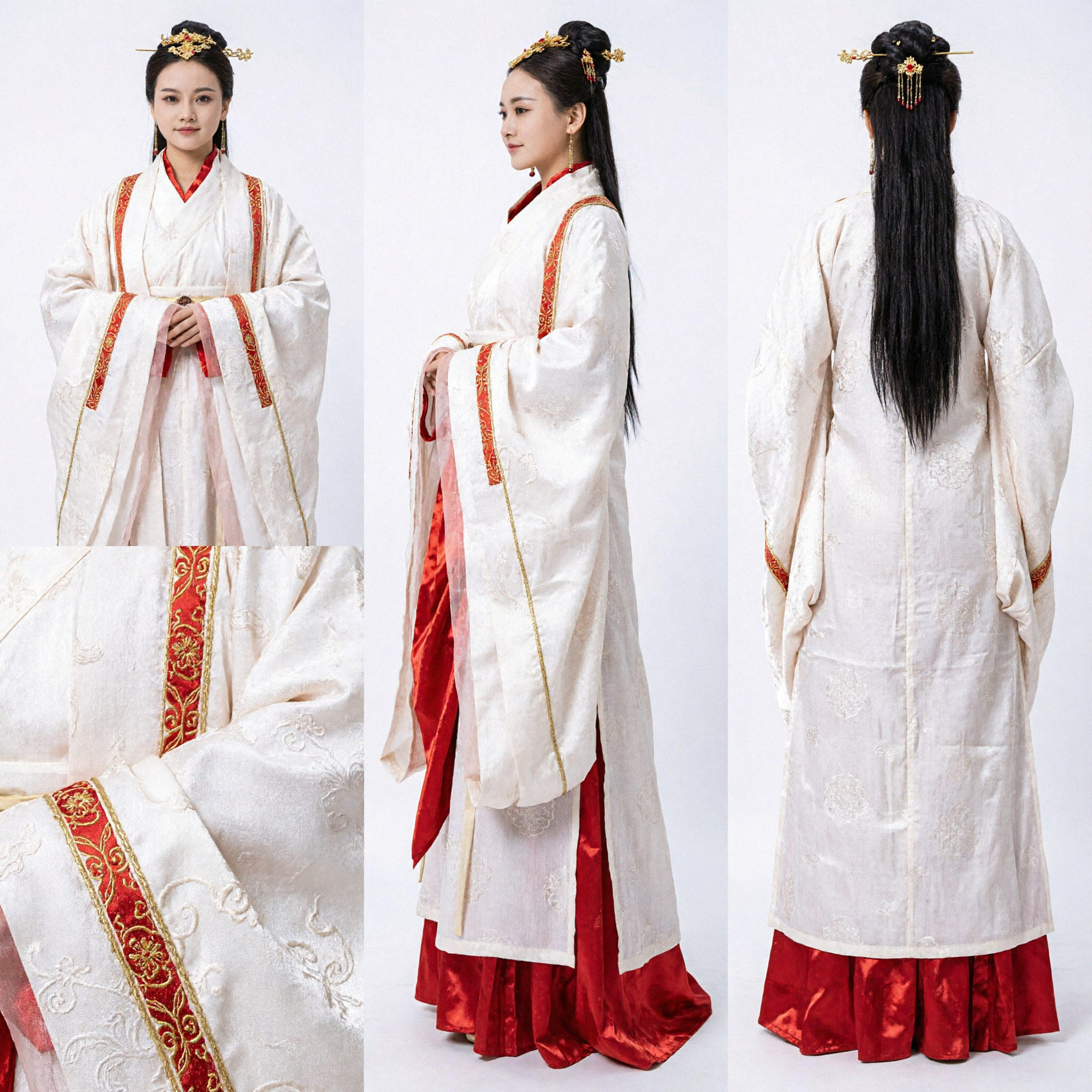Chinese Traditional Hanfu Ancient Princess Costume White Robe Red Trim Historical Dress for Women Cosplay