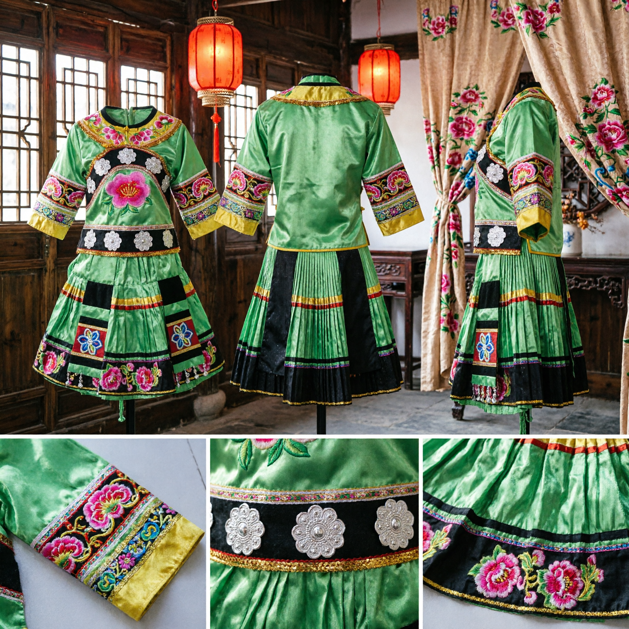 Traditional Chinese Miao Ethnic Minority Green Embroidery Two-Piece Set Kids Folk Dance Performance Costume