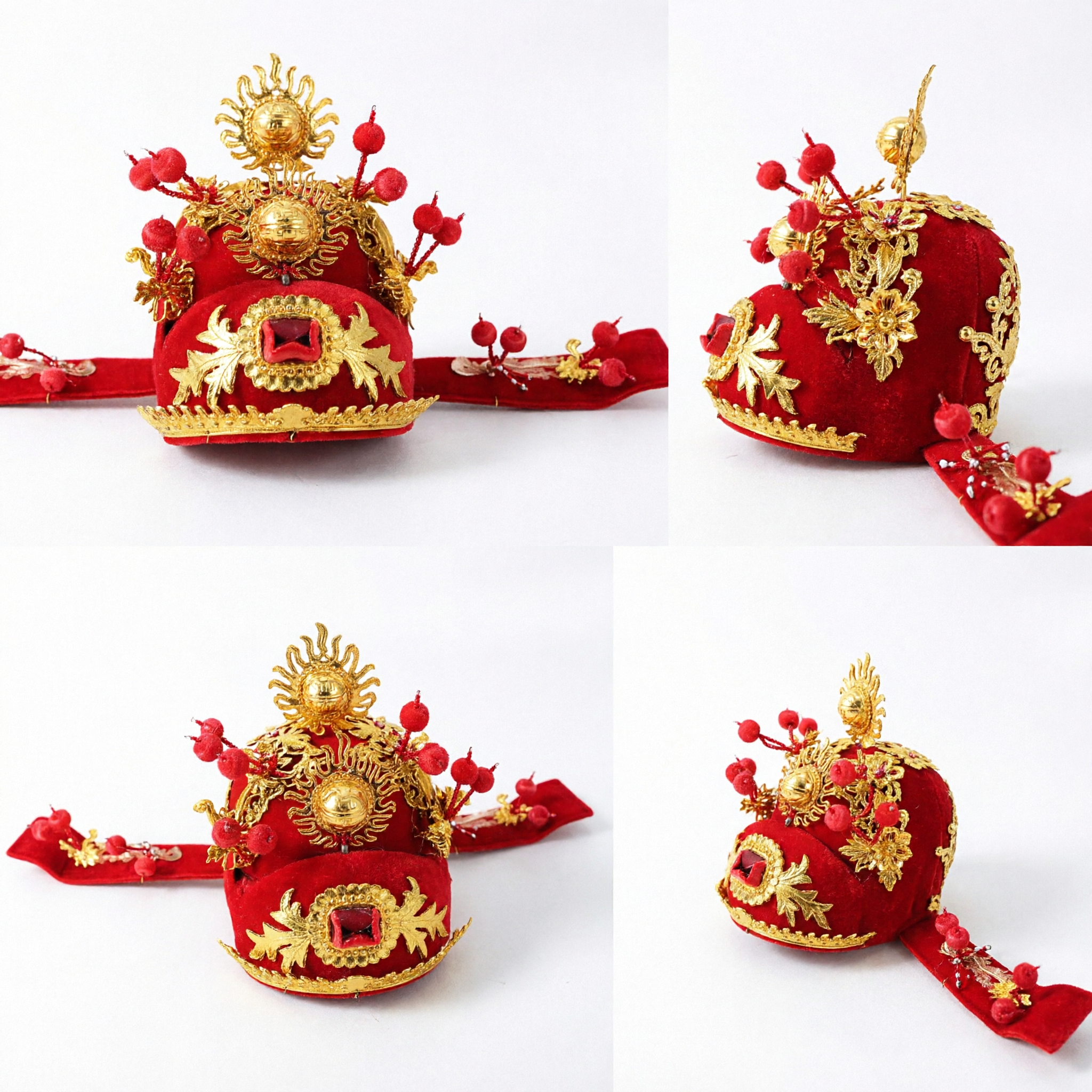 Traditional Chinese Red Opera Hat Gold Embroidery Scholar Headpiece for Wedding Festival Costume Performance