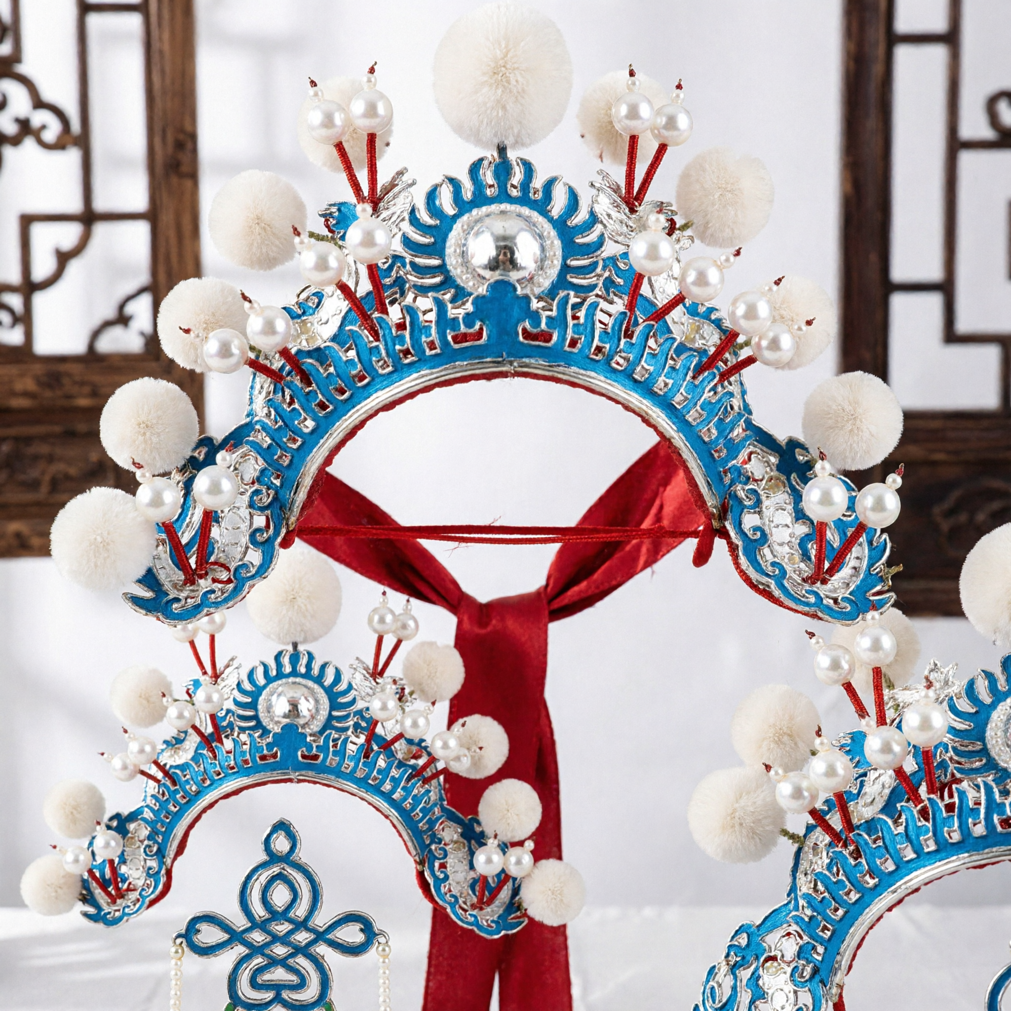 Traditional Chinese Opera Blue Phoenix Crown Headdress with White Pom Poms and Pearls for Hanfu Wedding Stage Performance