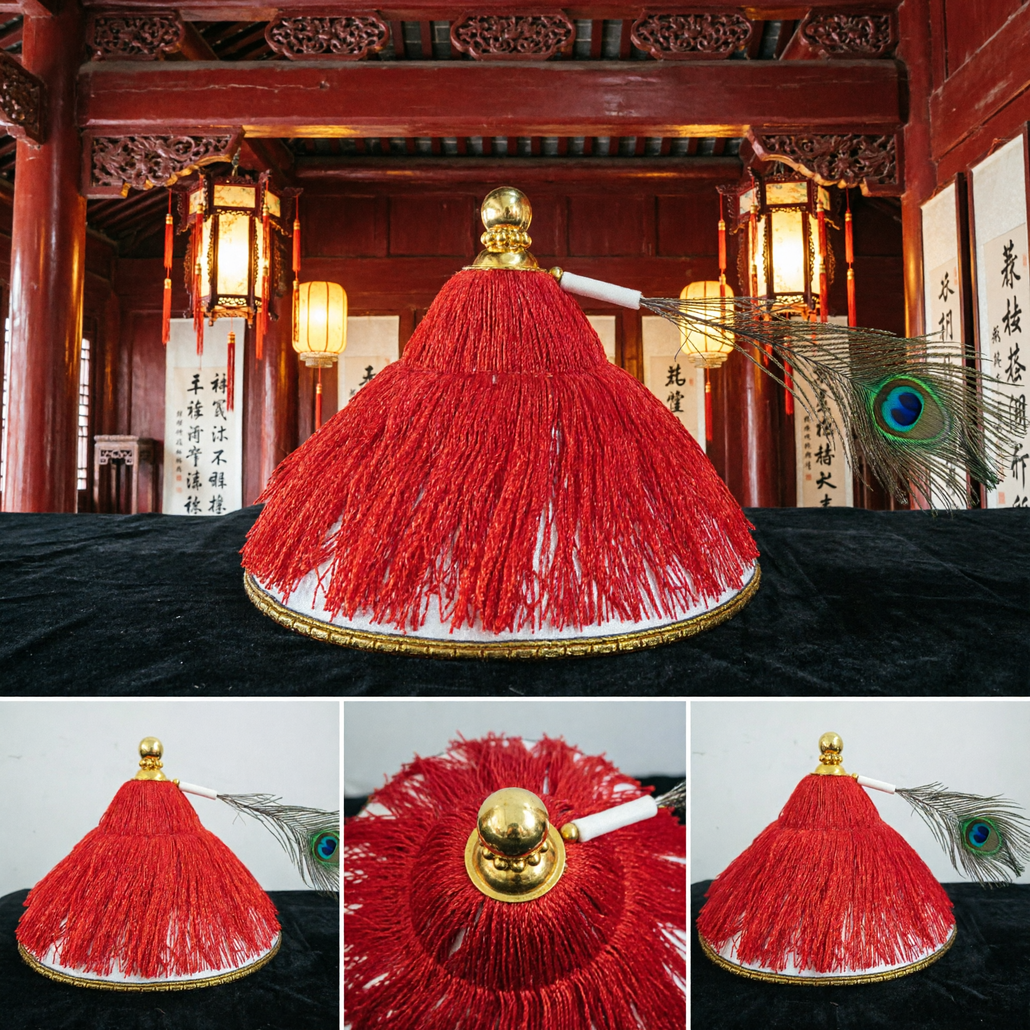 Traditional Chinese Qing Dynasty Official Hat Red Tassel Peacock Feather Mandarin Cap for Men Historical Costume