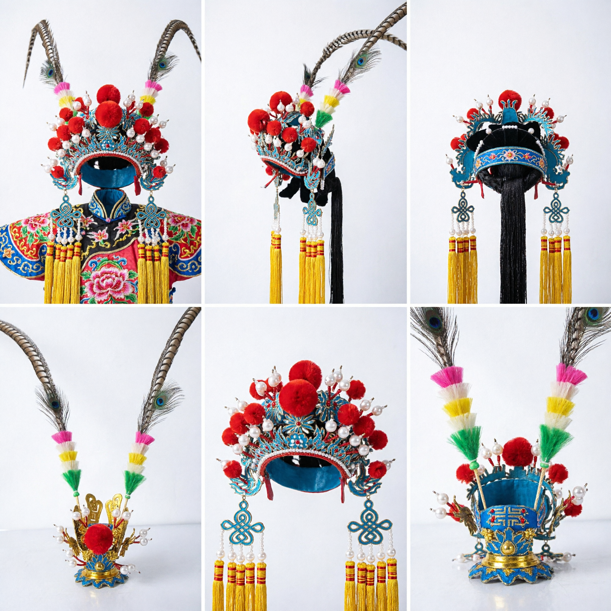 Traditional Chinese Opera General Helmet with Long Pheasant Feathers Lingzi for Stage Performance Costume