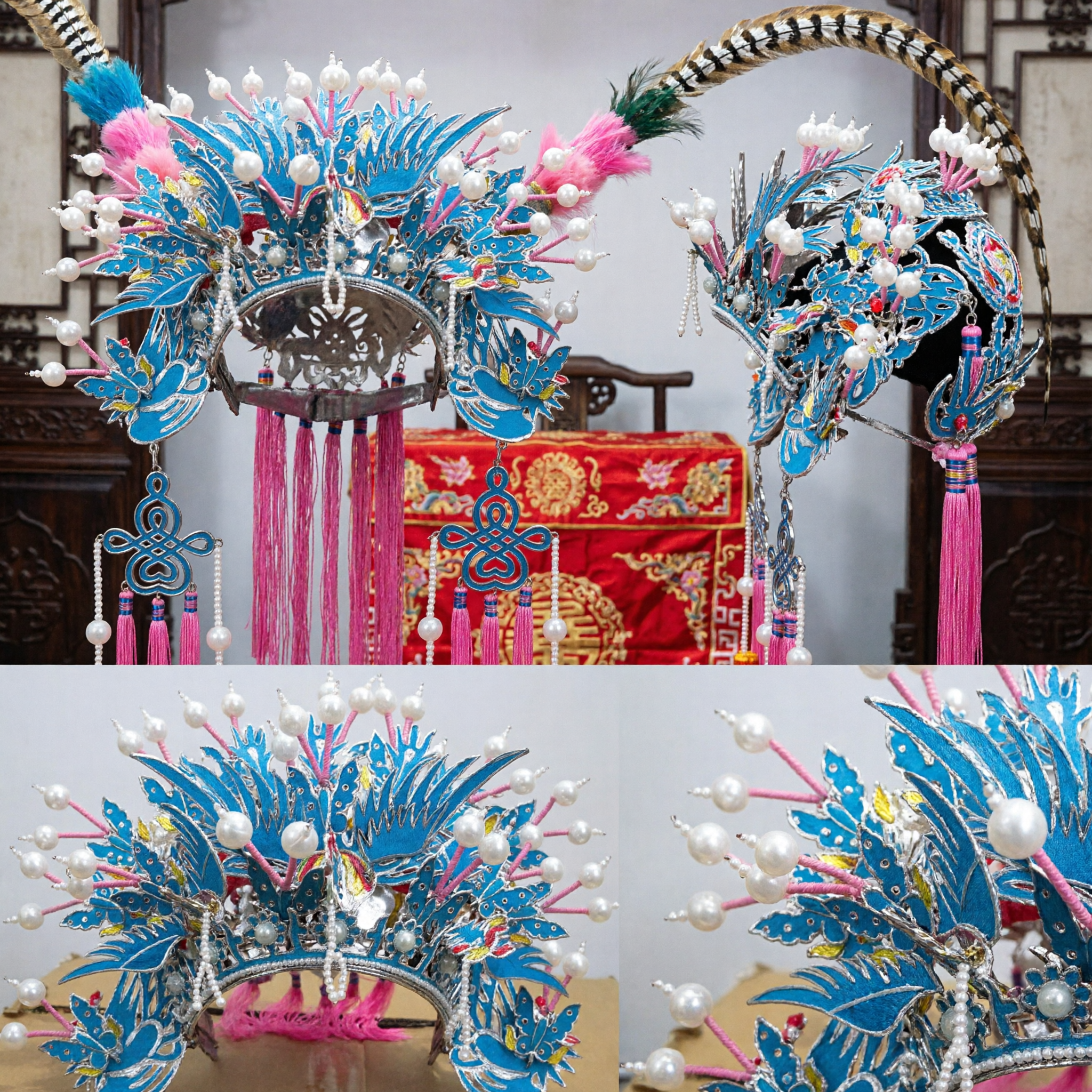 Traditional Chinese Opera Phoenix Crown Blue Headdress with Pearls and Tassels for Women Stage Performance Costume