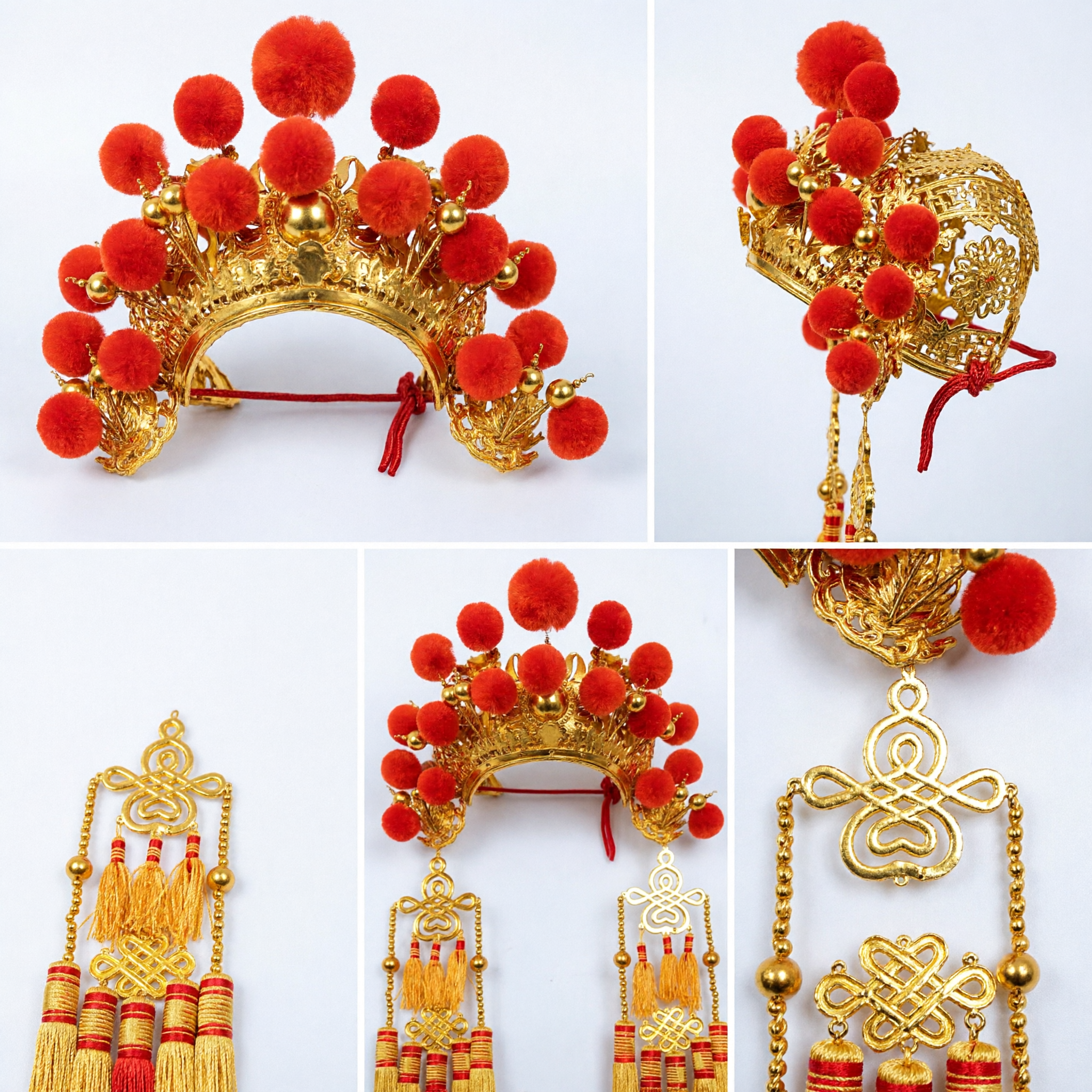 Traditional Chinese Phoenix Crown Headdress with Red Pom Poms and Gold Tassels for Wedding Opera Costume