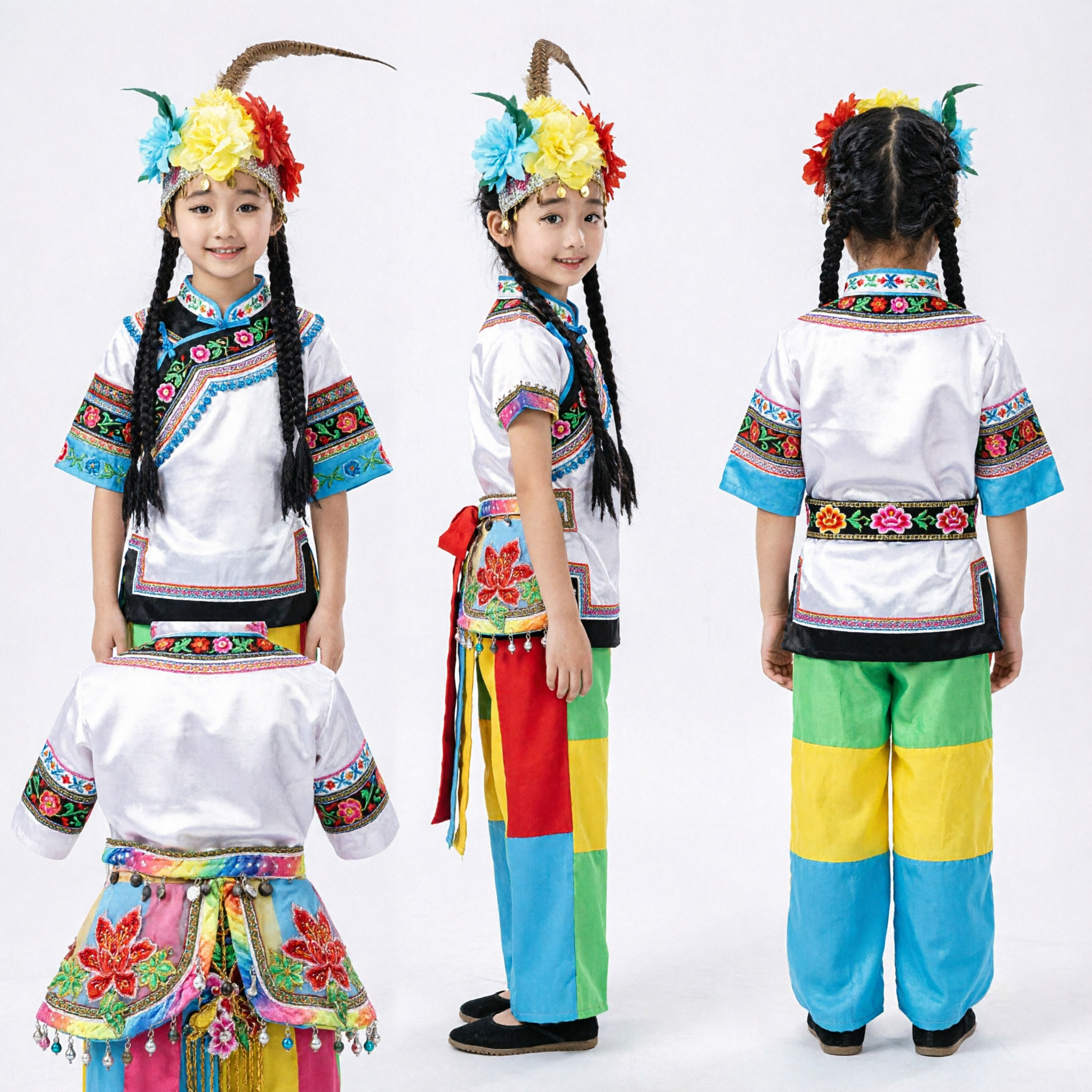 Traditional Chinese Folk Dance Costume for Girls Ethnic Minority Stage Performance Dress with Pheasant Feather