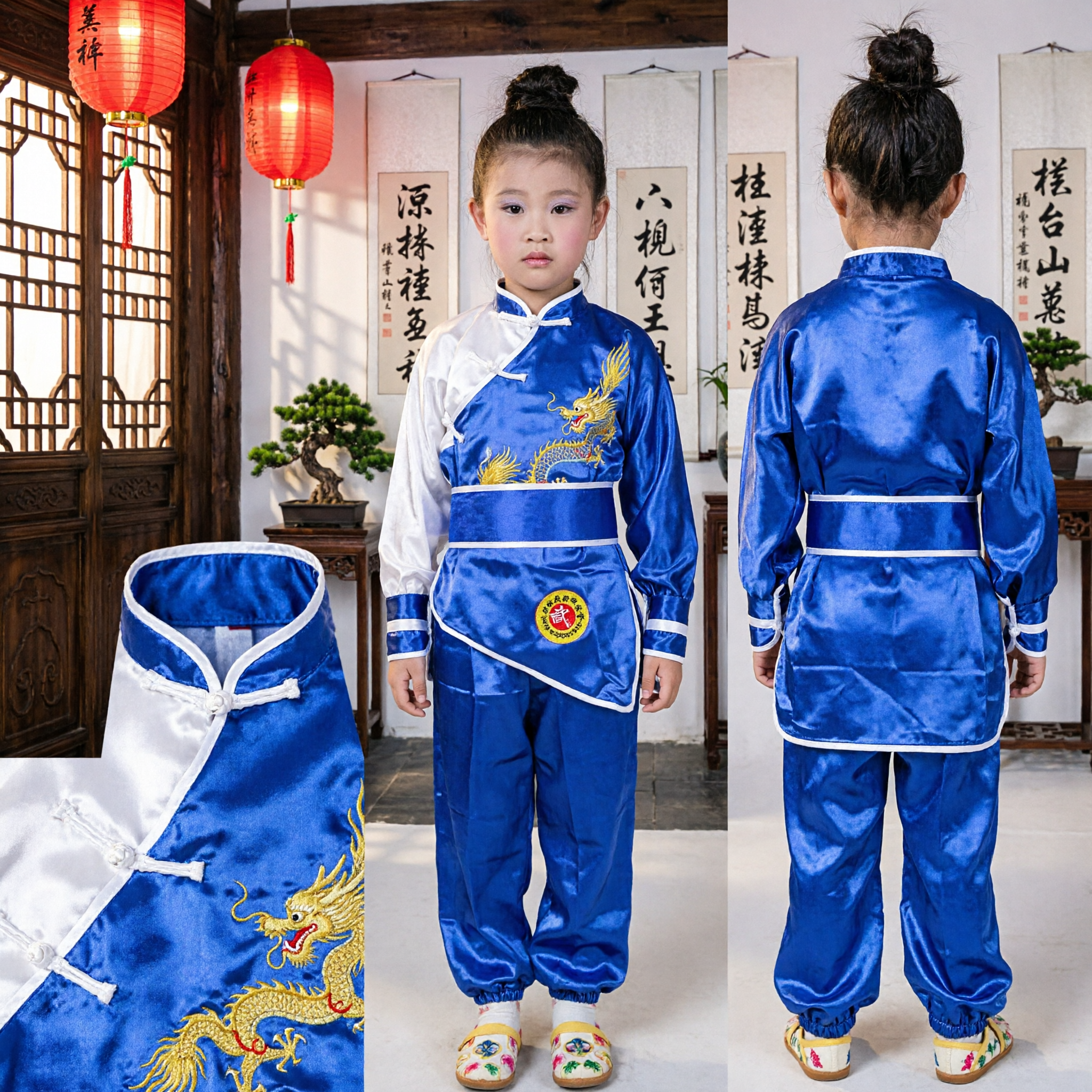 Kids Traditional Chinese Kung Fu Uniform Blue Dragon Embroidery Wushu Tai Chi Martial Arts Costume