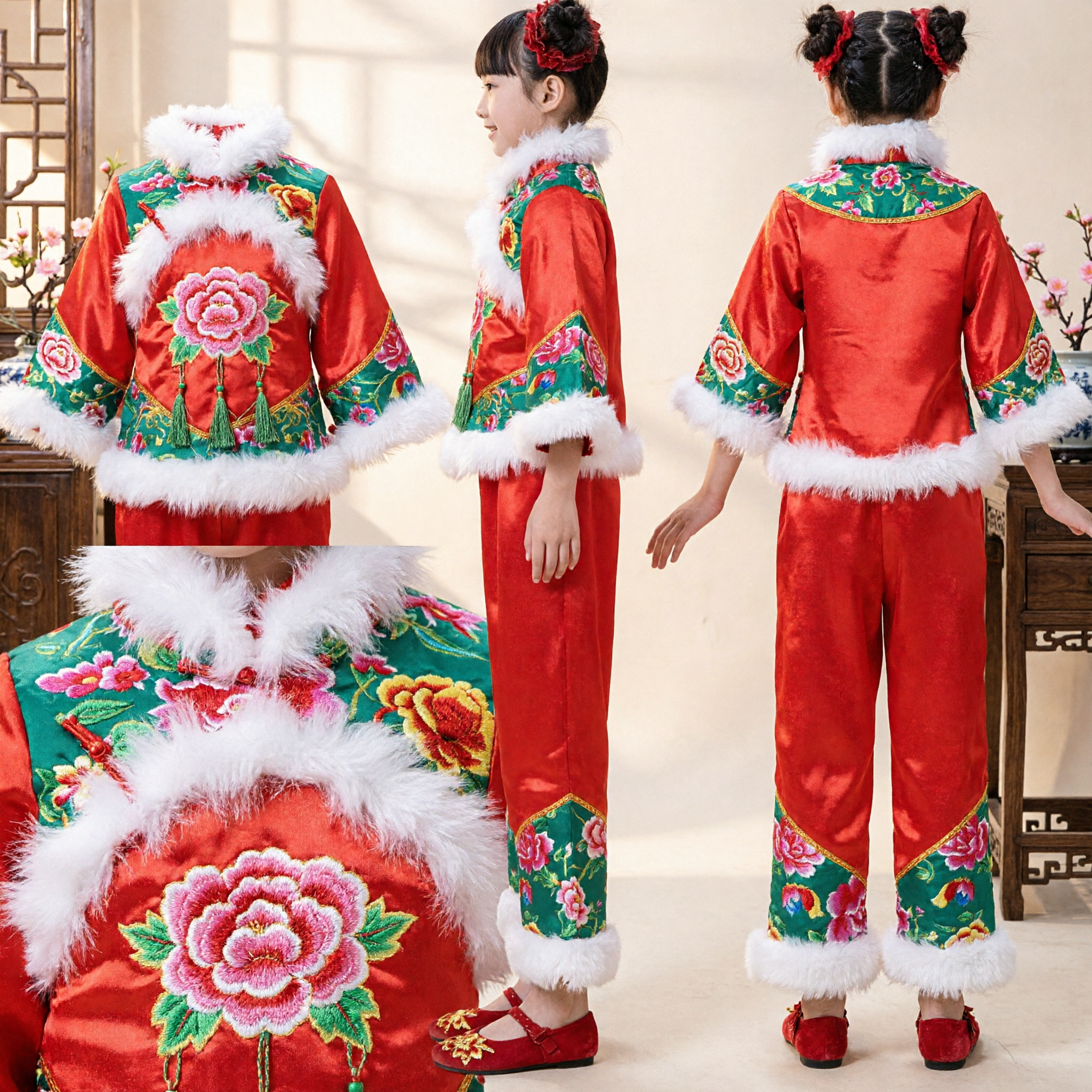Traditional Chinese New Year Clothing for Girls Red Tang Suit Winter Fur Trim Costume Set
