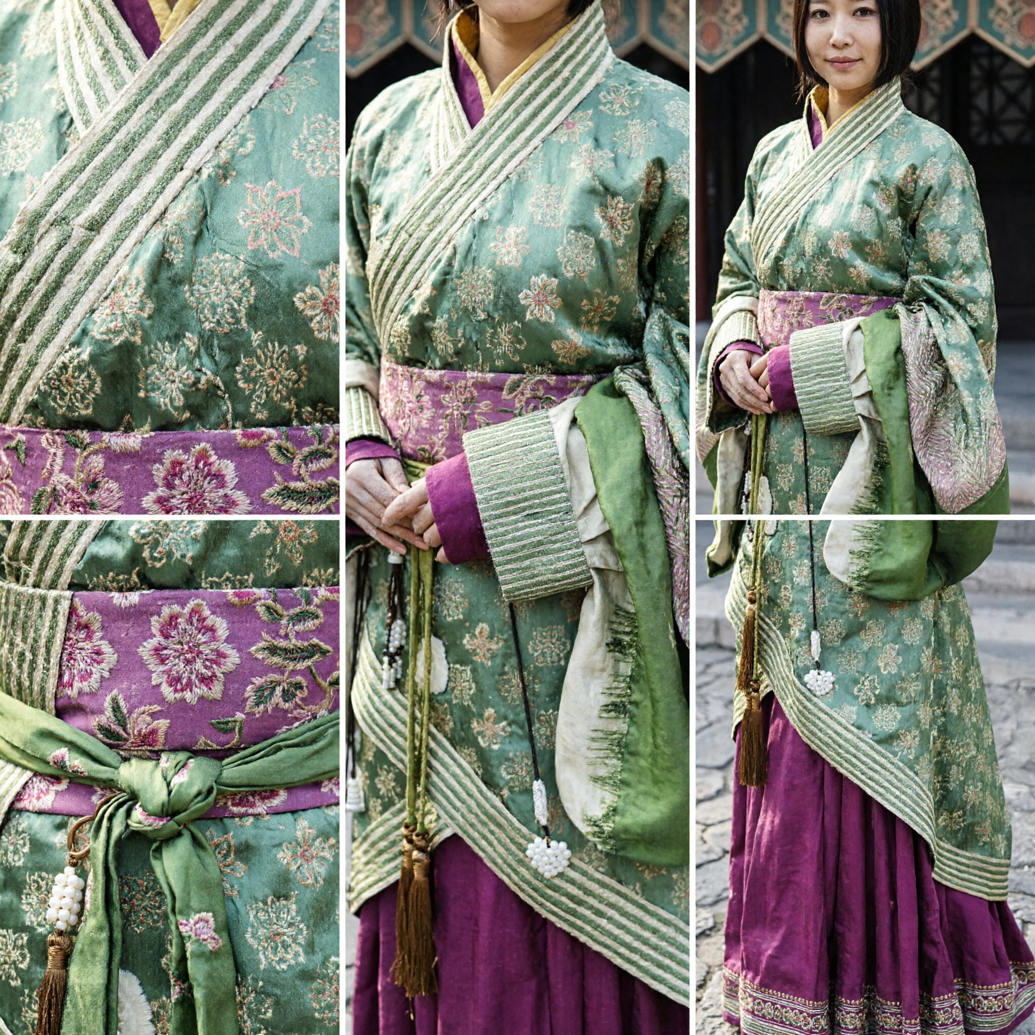 Traditional Chinese Hanfu Clothing Green Floral Robe Purple Skirt Ancient Han Dynasty Costume for Women