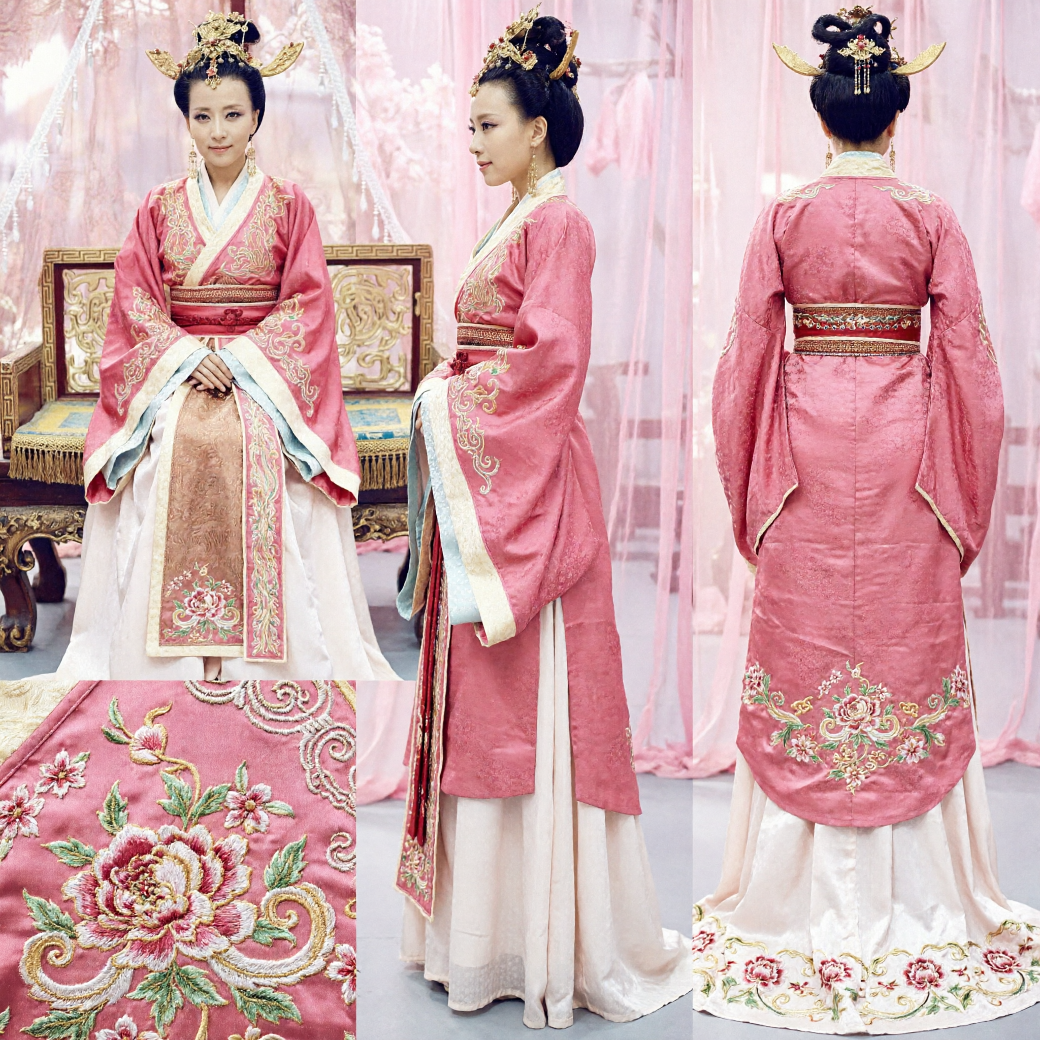Elegant Pink Chinese Traditional Hanfu Costume Ancient Empress Robe with Gold Embroidery for Women Cosplay