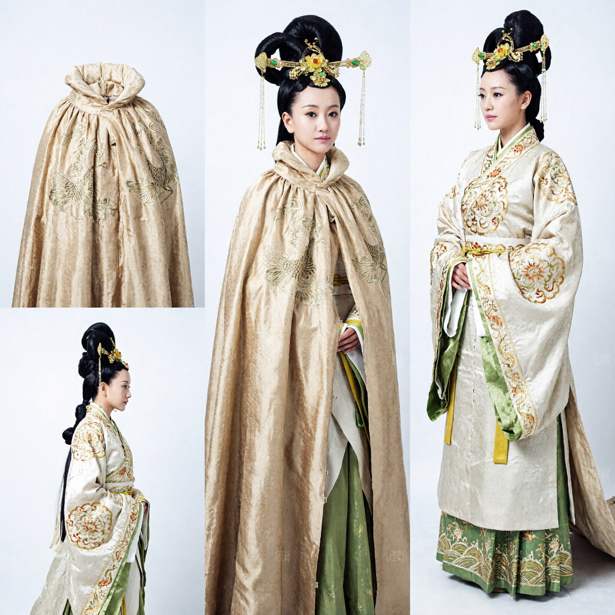 Women's Traditional Chinese Hanfu Golden Embroidered Cloak with Fur Collar Ancient Historical Drama Costume