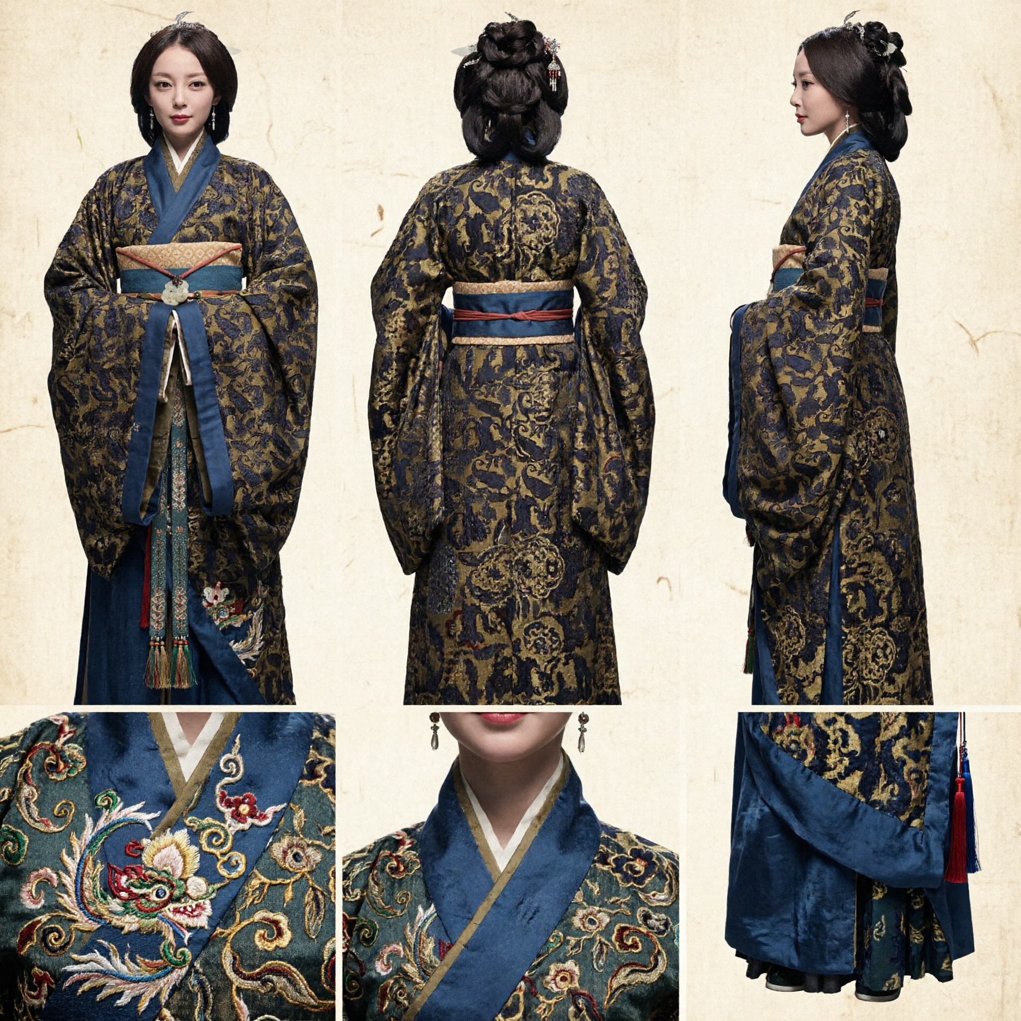 Elegant Traditional Chinese Hanfu Costume for Women Ancient Blue and Gold Brocade Robe for Historical Events