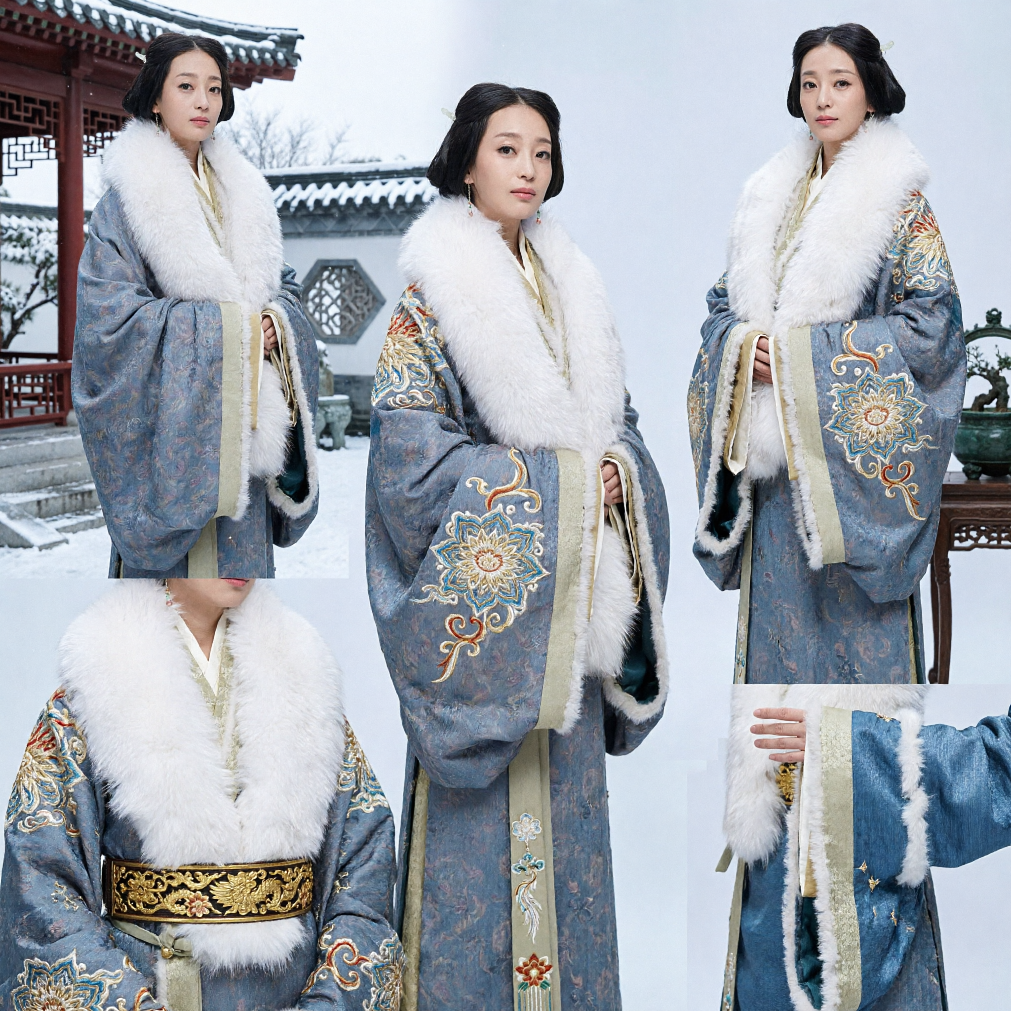 Ancient Chinese Hanfu Winter Costume Blue Brocade Robe with White Fur Collar Han Dynasty Nobility Dress for Women