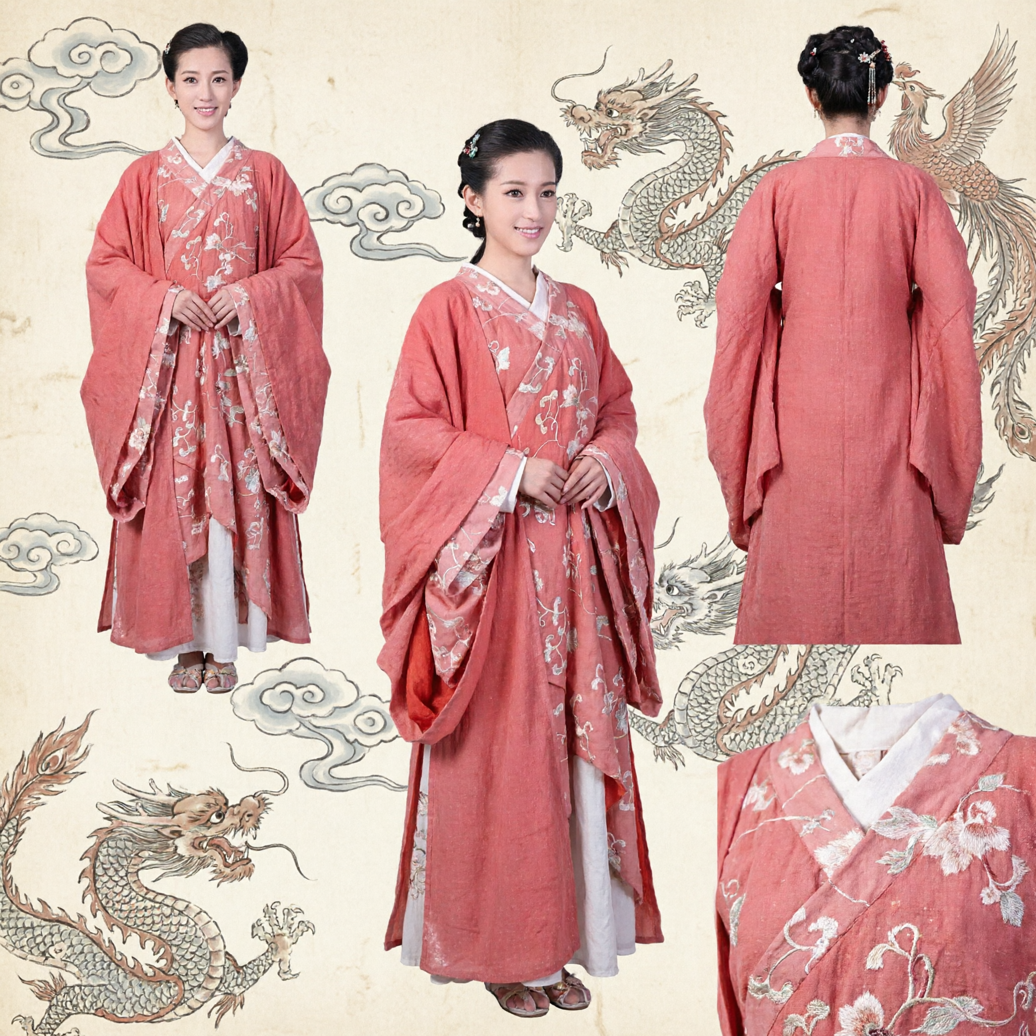 Elegant Red Chinese Hanfu Traditional Ancient Costume Women's Han Dynasty Floral Robe Dress for Performance