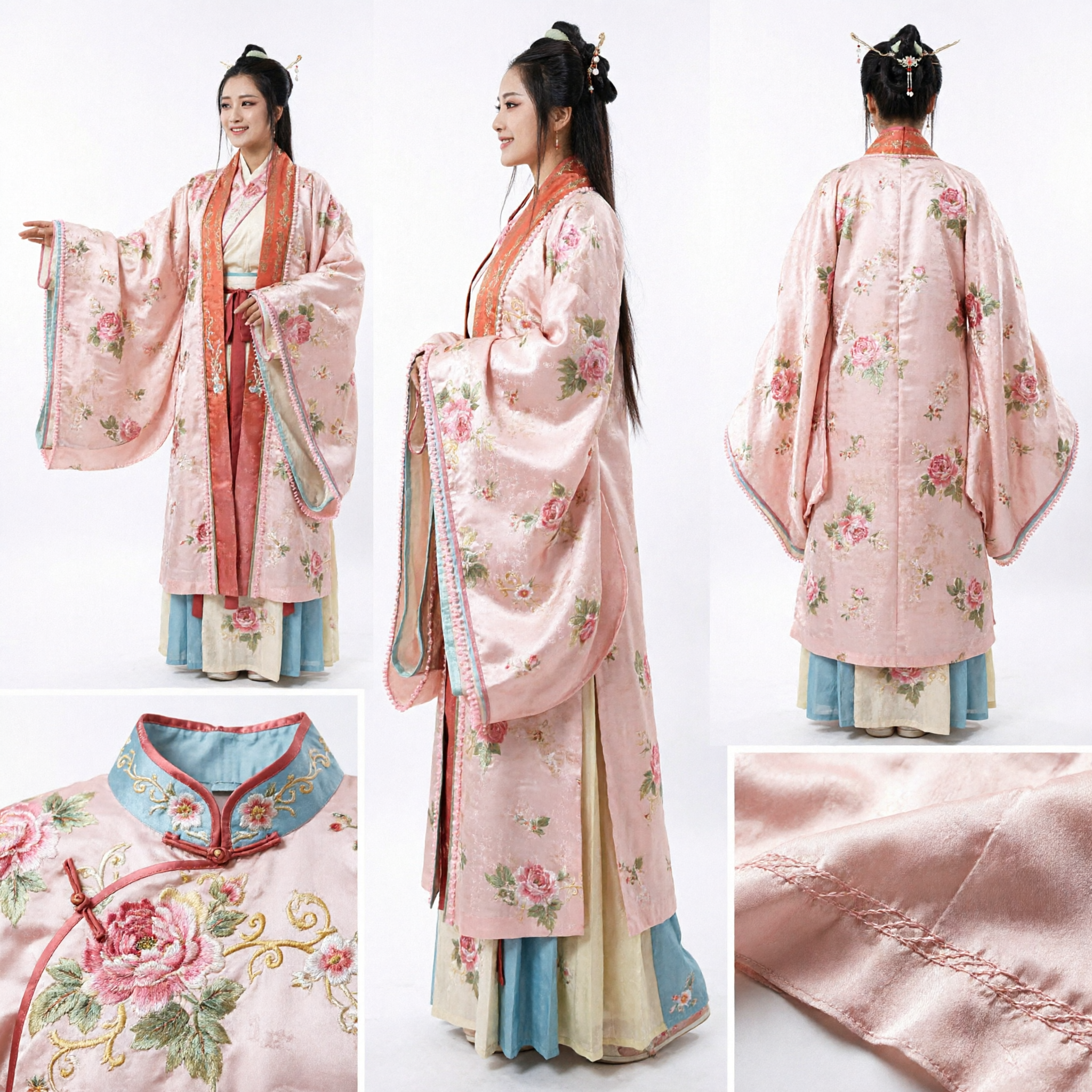 Elegant Pink Floral Hanfu Traditional Chinese Ancient Costume Wide Sleeve Robe for Women Historical Cosplay