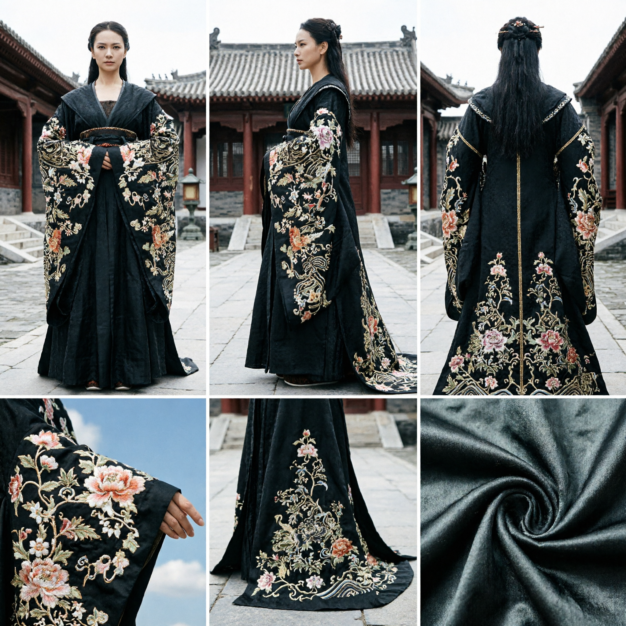 Men's Ancient Chinese Black Hanfu Robe with Gold Embroidery Traditional Costume for Wuxia Cosplay