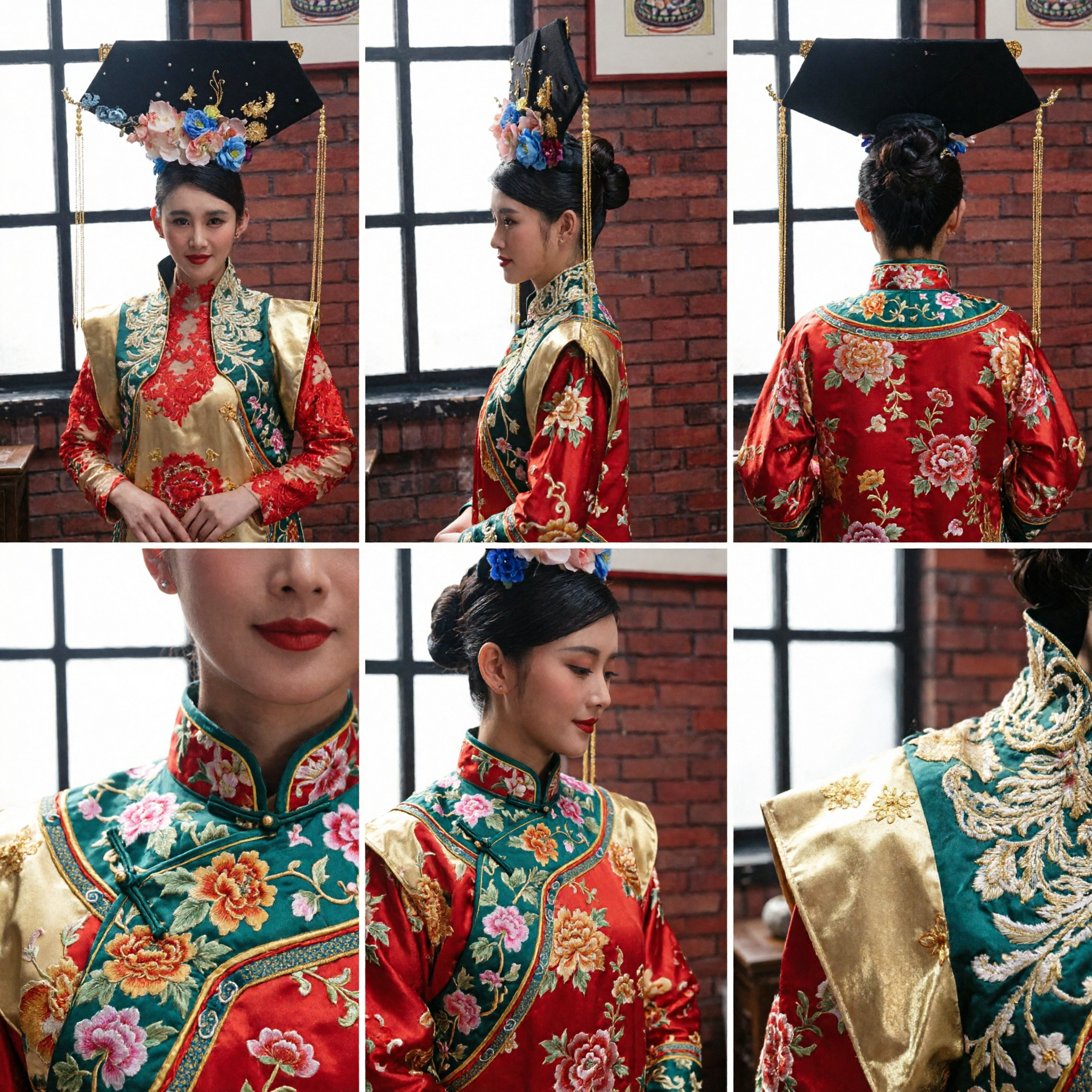 Ancient Chinese Qing Dynasty Empress Headdress Traditional Manchu Hair Accessories with Flowers for Women Cosplay Performance