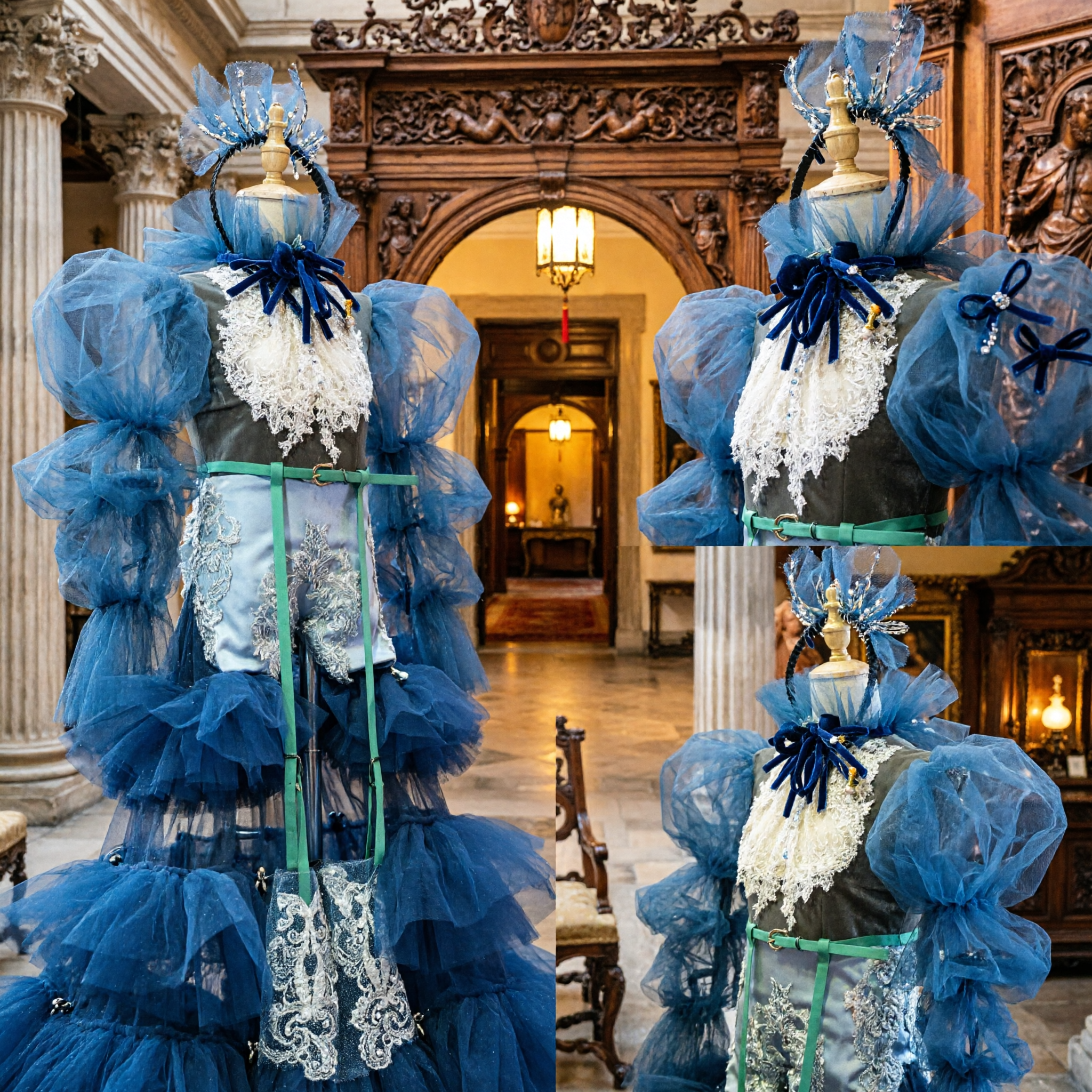 Men's Blue Victorian Prince Costume with Puffy Tulle Sleeves and Feathered Headpiece for Stage Performance